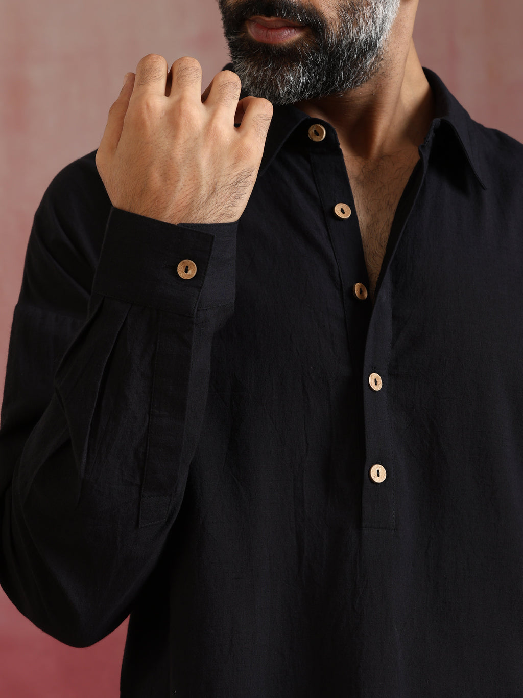 trueBrowns Men's Black Cotton Shirt Collar Stylized Kurta Co-ord set