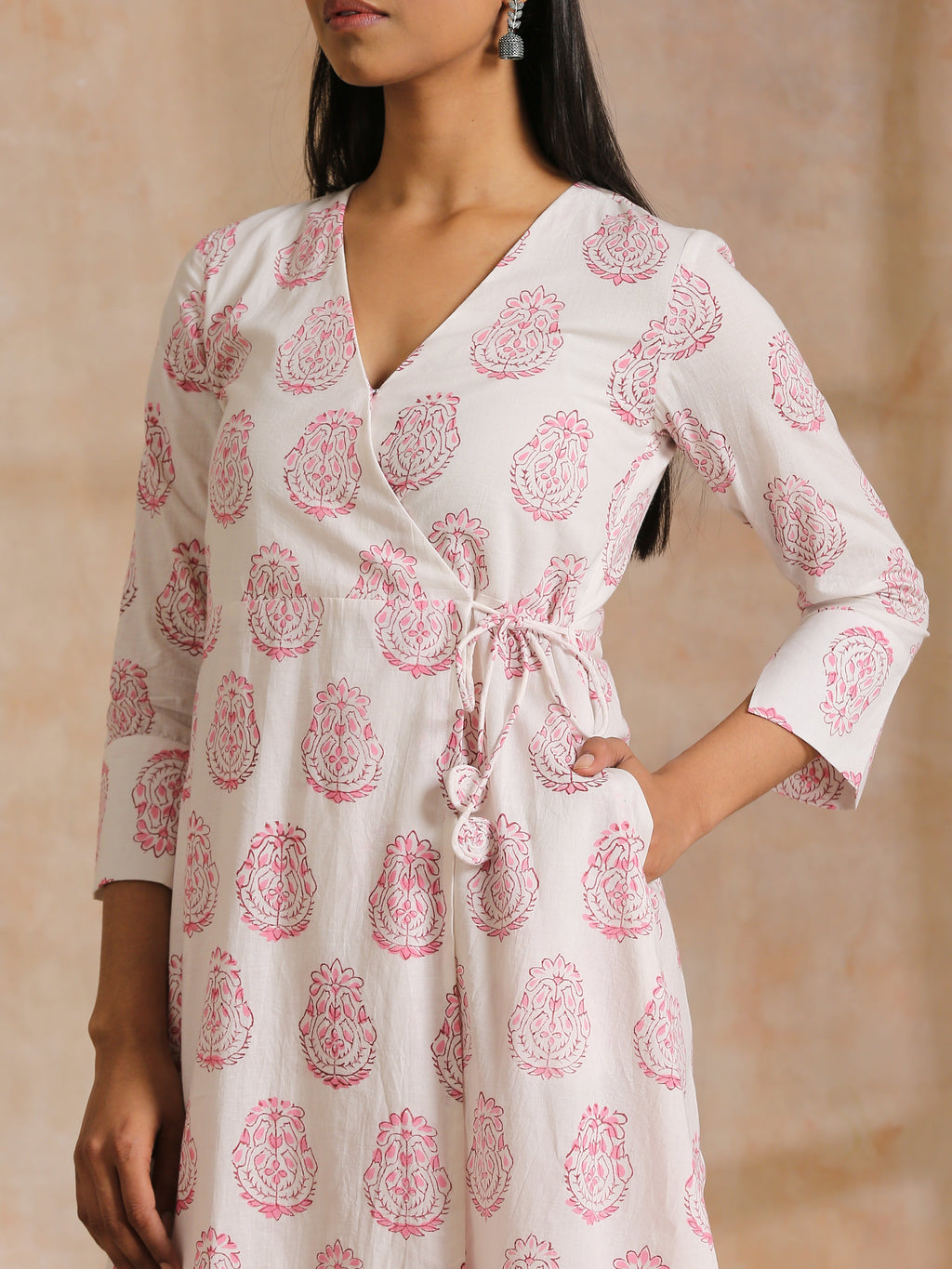 trueBrowns Pink Big Buta On White Print Cotton Angrakha Kurta Pant Set
