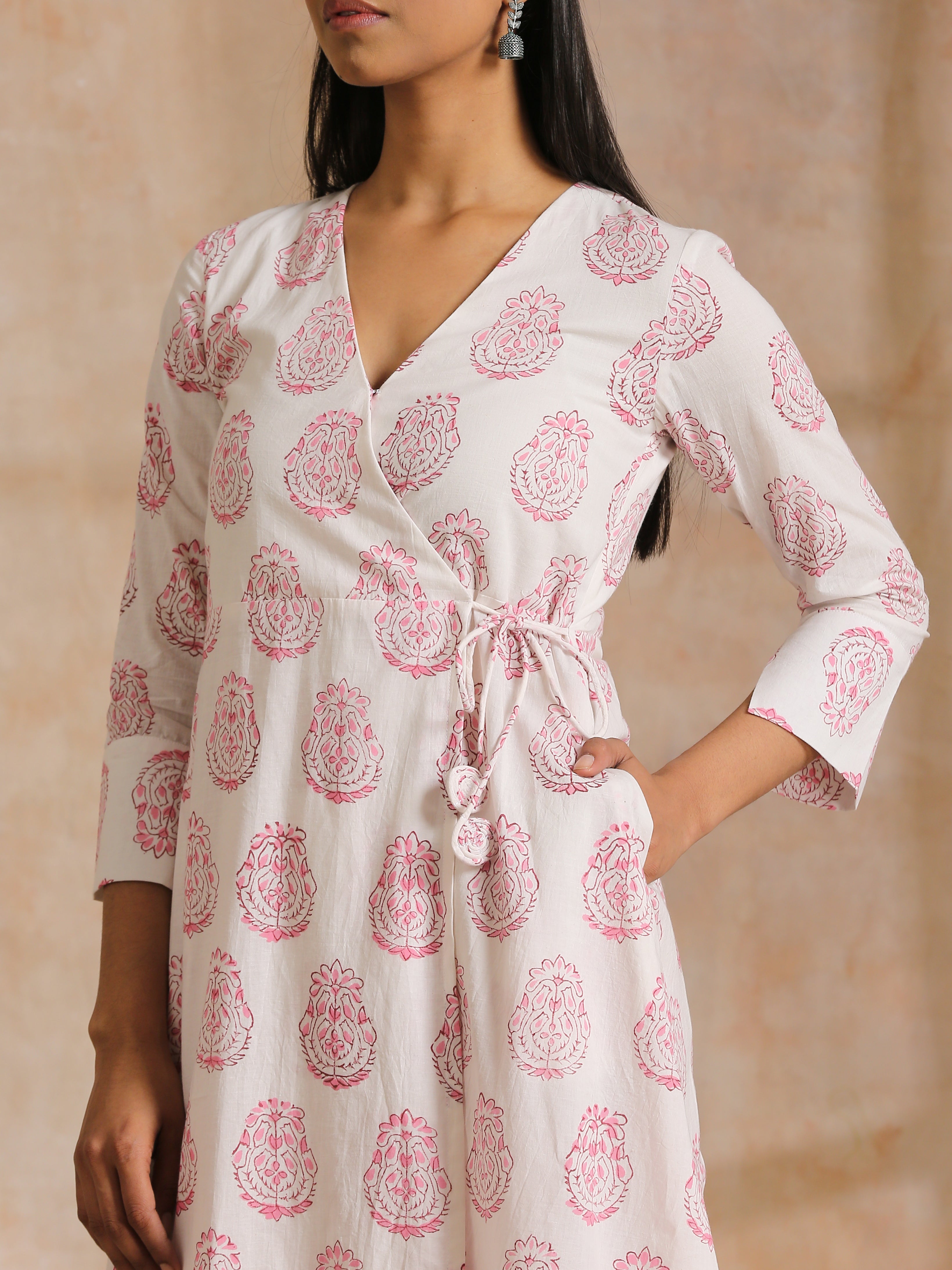 trueBrowns Pink Big Buta On White Print Cotton Angrakha Kurta Pant Set