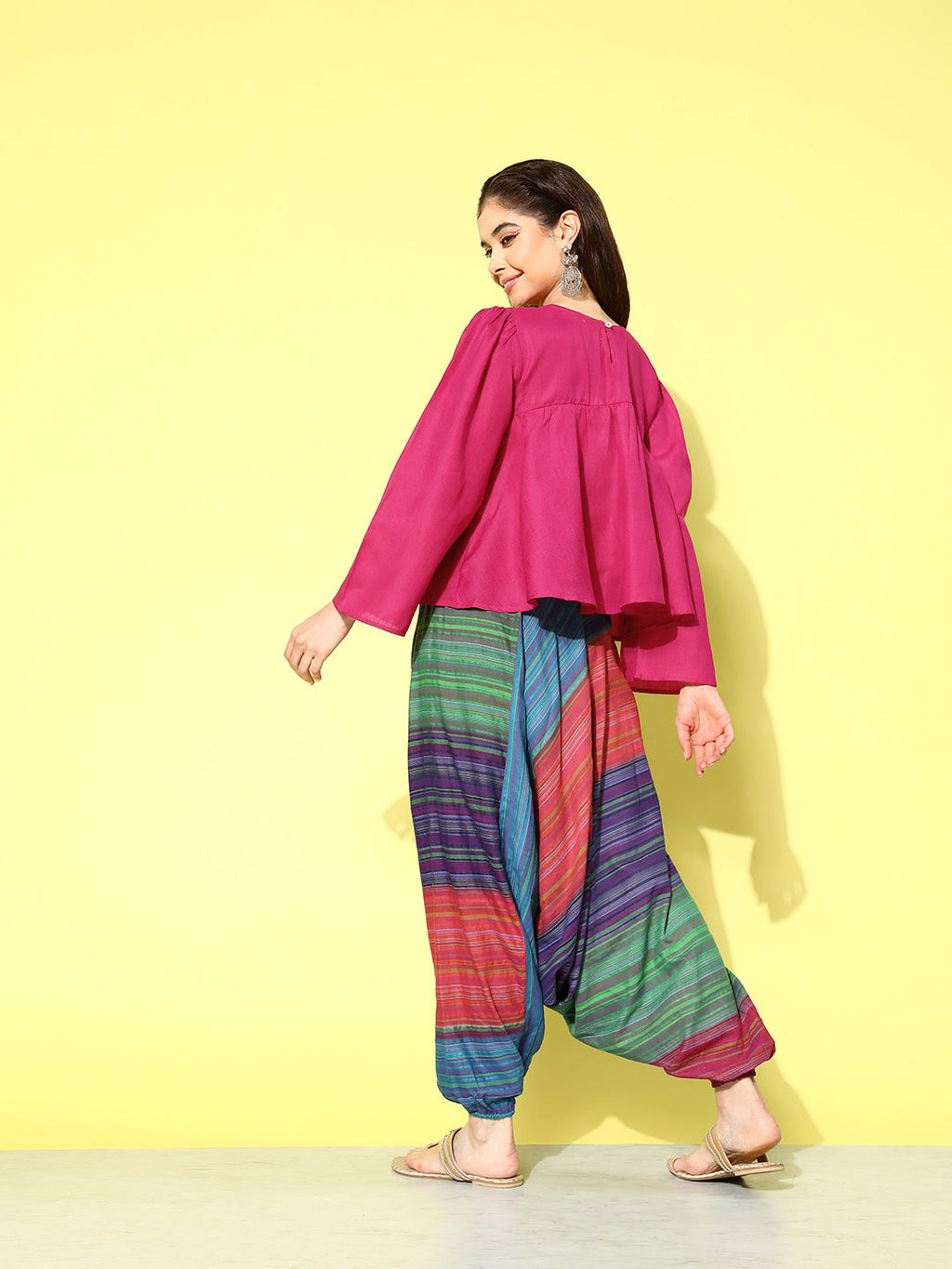 InWeave Women's Magenta Top With Multi Clr Harem Set