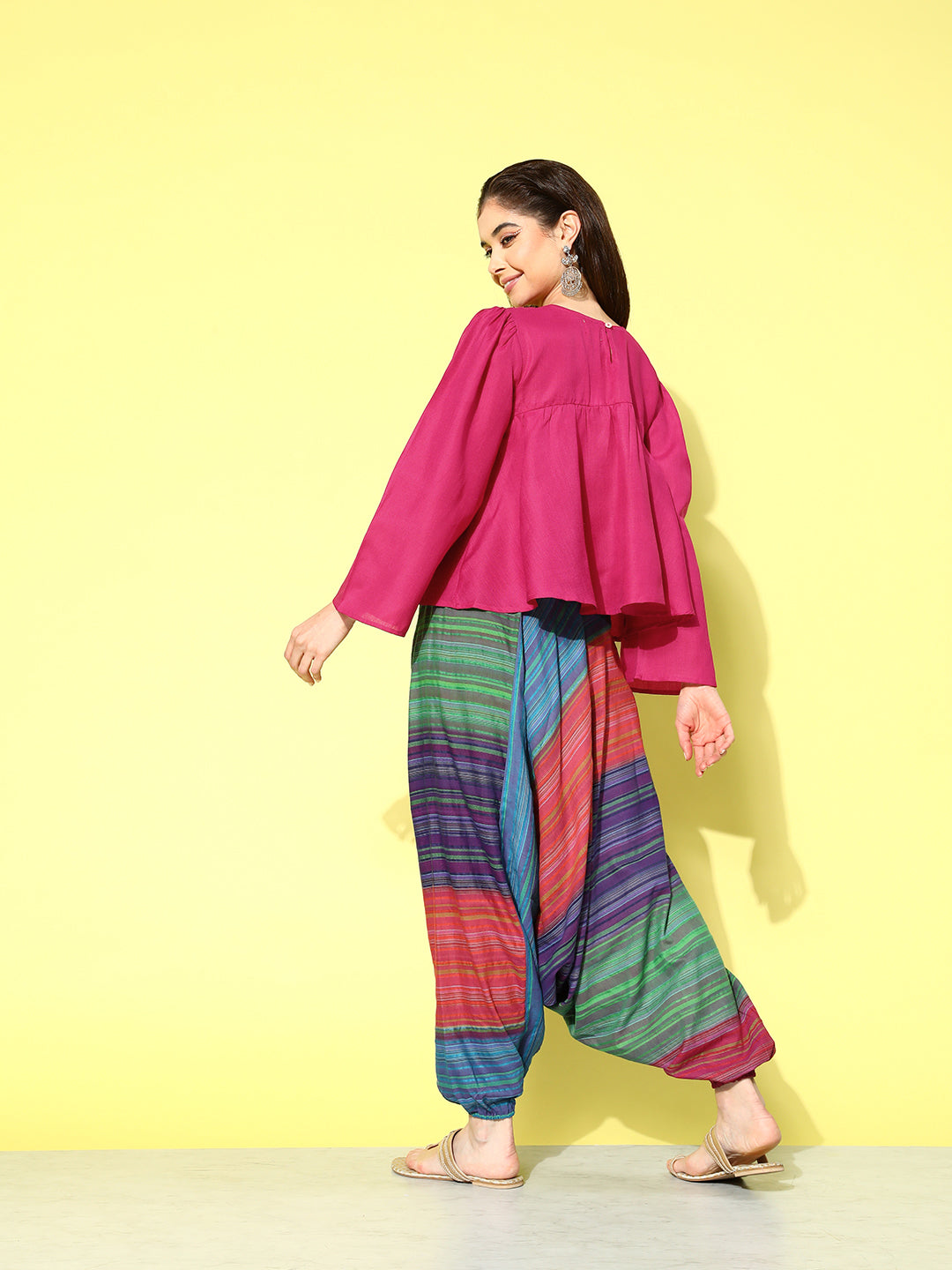 InWeave Women's Magenta Top With Multi Clr Harem Set
