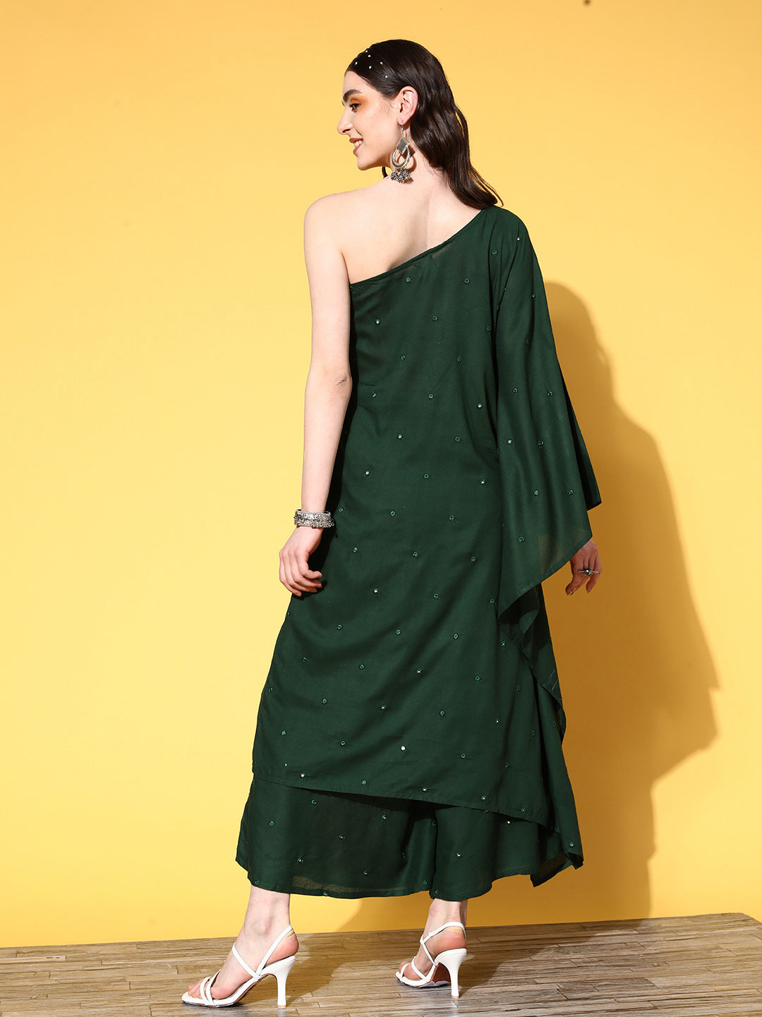 InWeave Women's Green Mirror Work One Shoulder Kurta Set