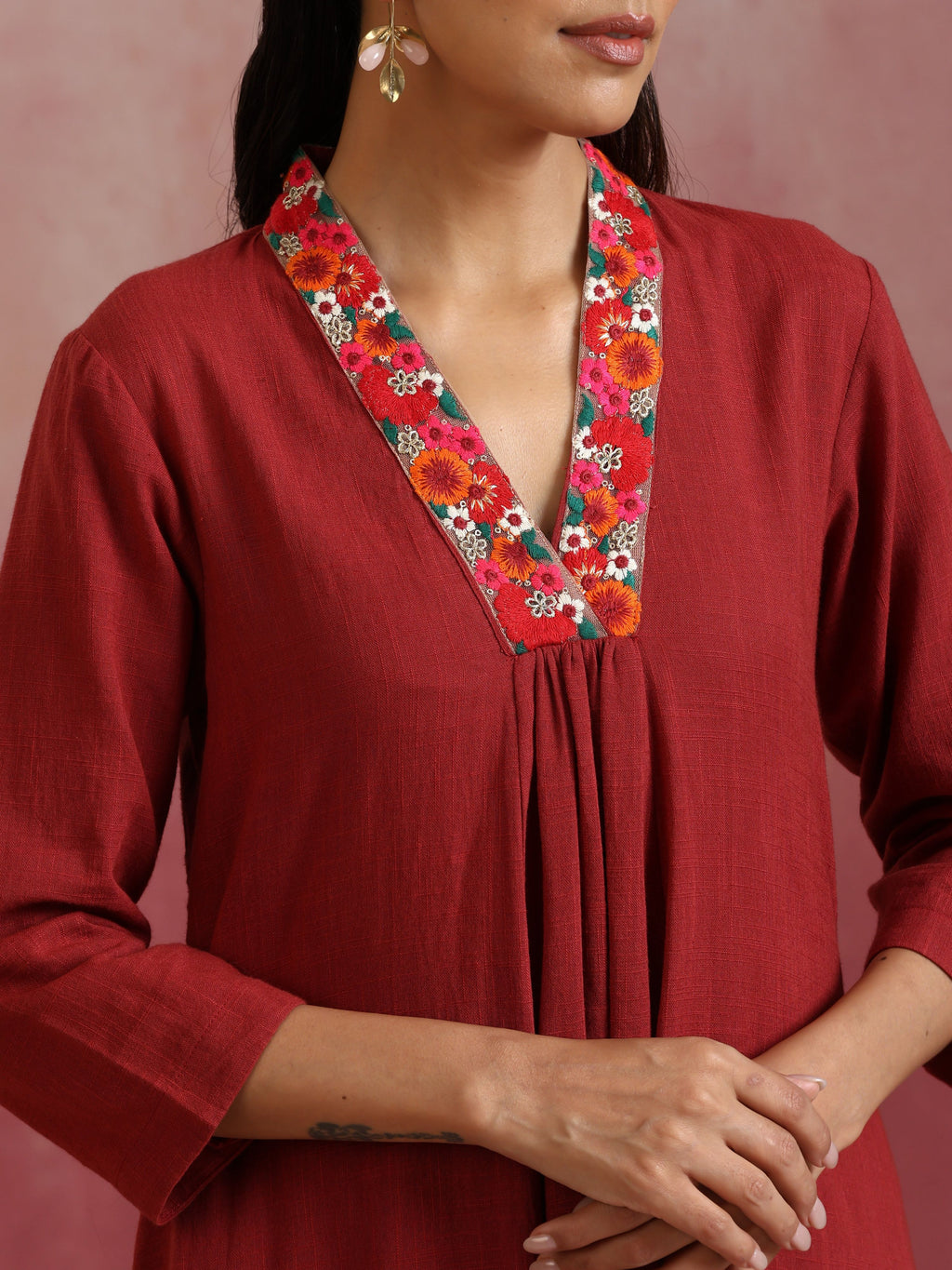 trueBrowns Maroon Cotton Dobby Kurta Set