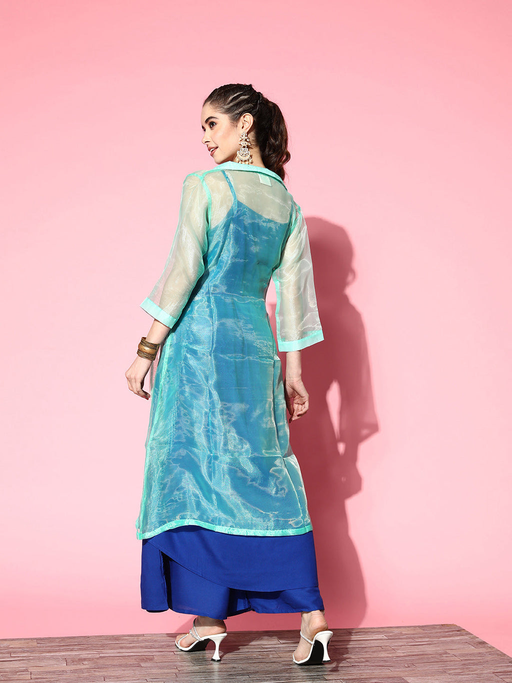 InWeave Women's Ink Blue Strappy Kurta Set With Teal Organza Cape