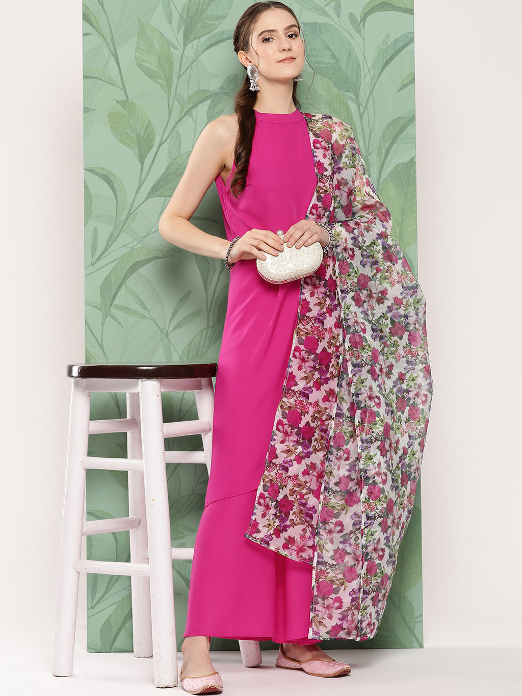 InWeave Women's Magenta Pleated Halter Kurta Palazzo Set W White Pink Or Dupatta