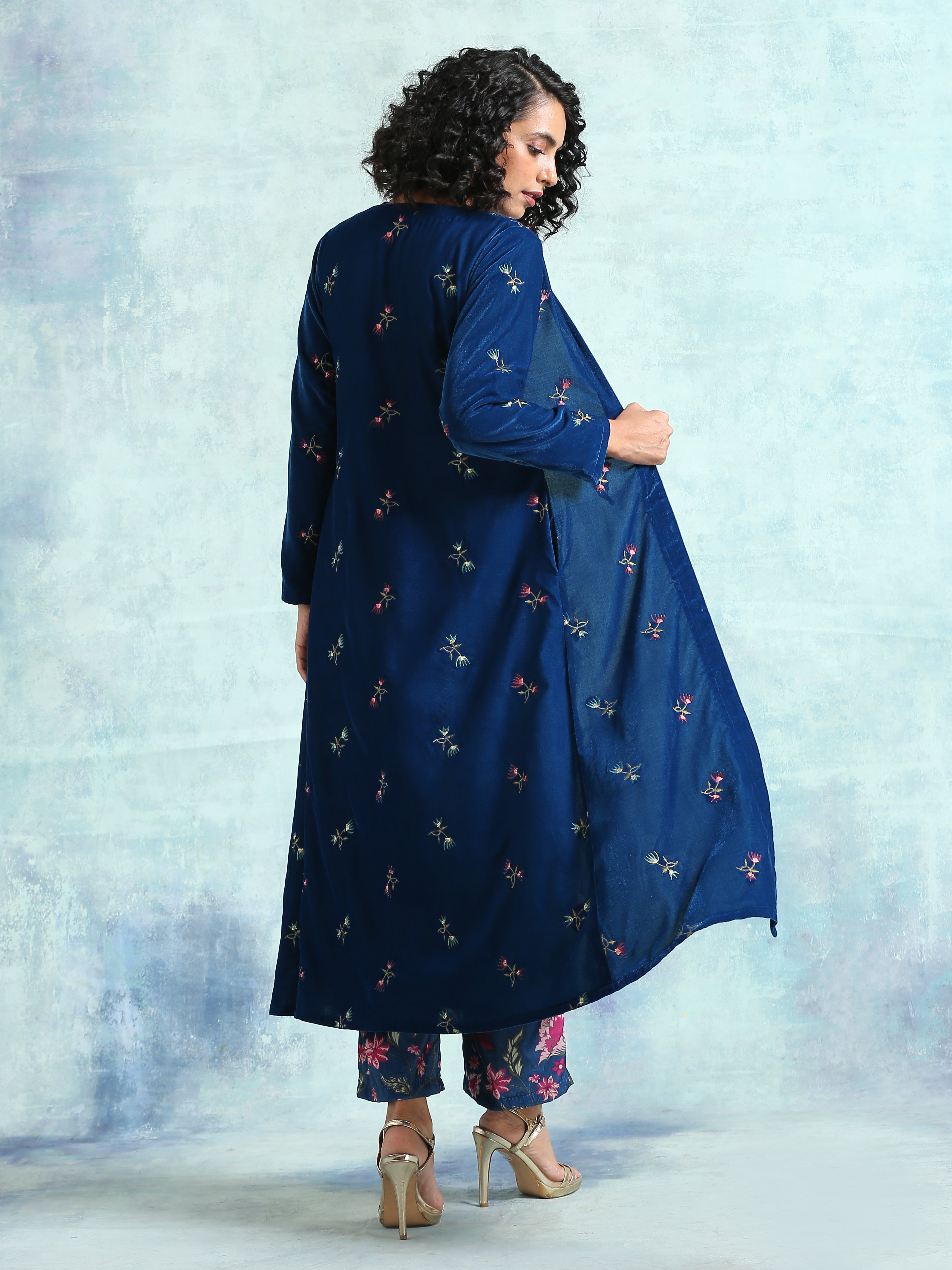 trueBrowns Blue Embroidered Velvet Overlay Jacket