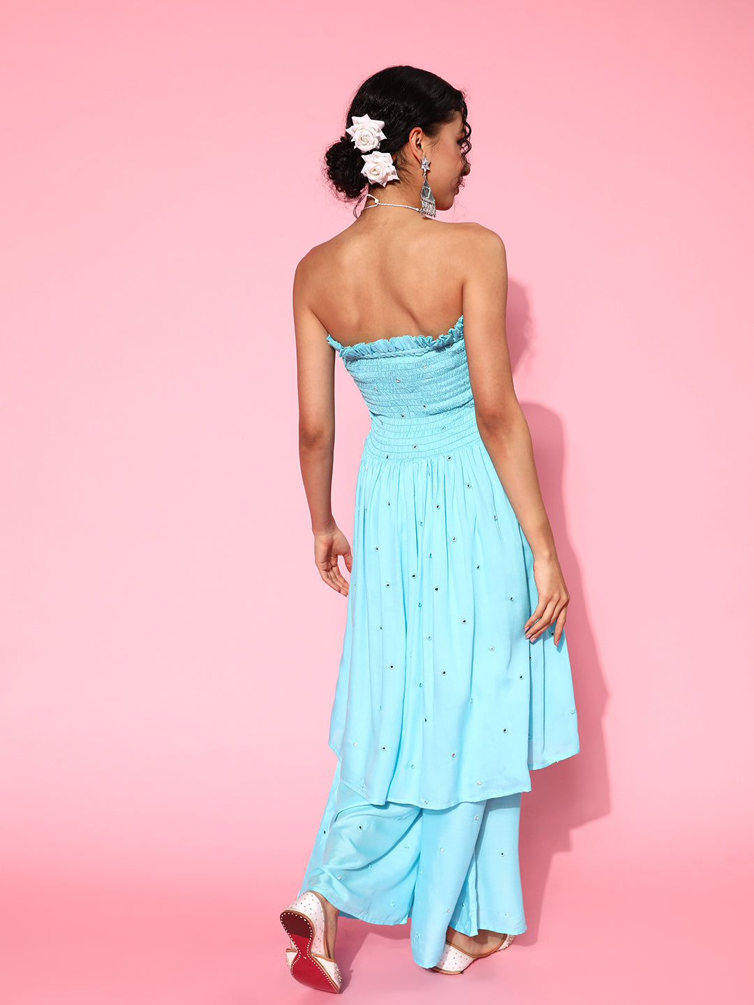 InWeave Women's Sky Blue Mirror Work Off Shoulder Kurta Set