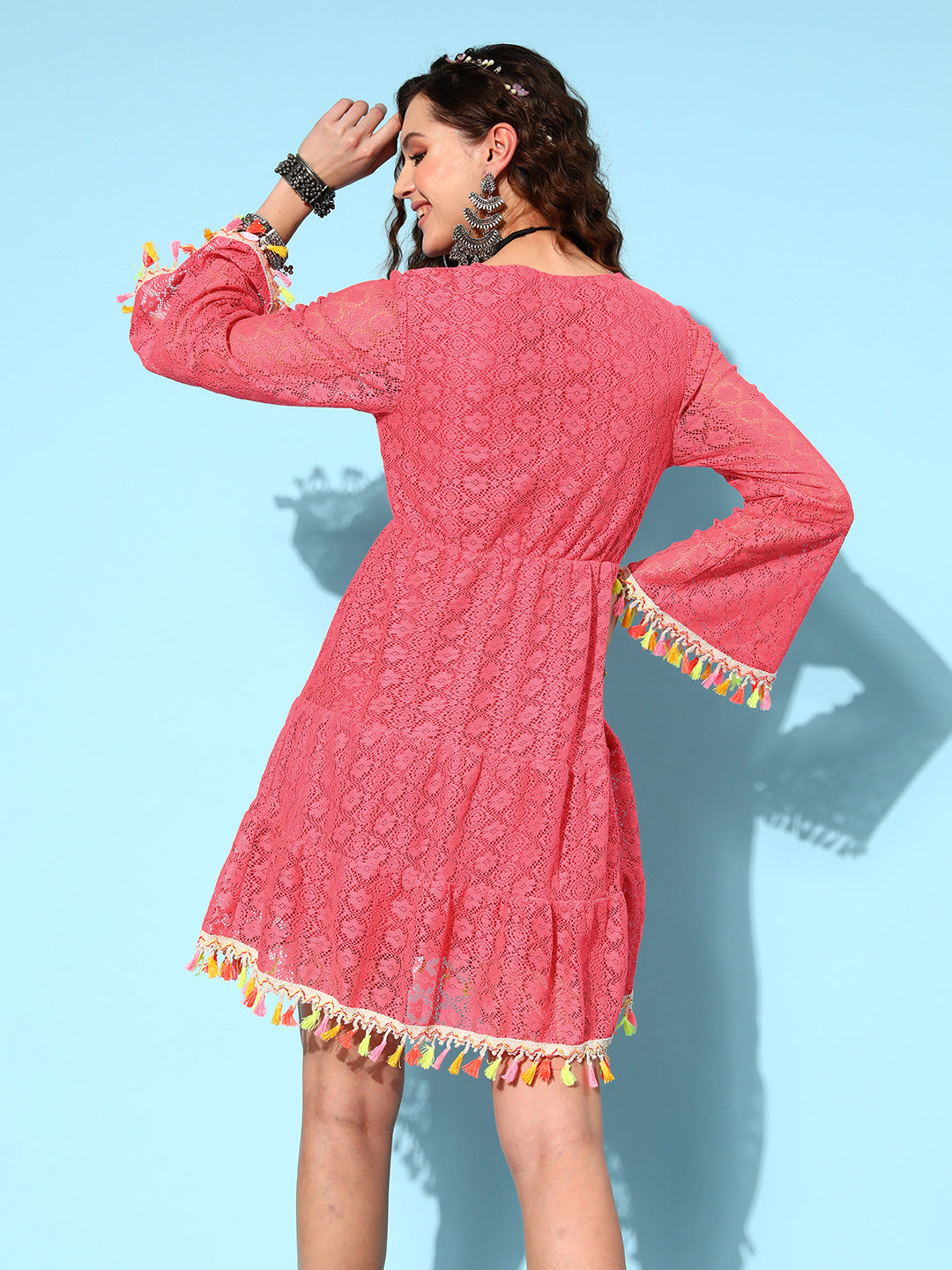 InWeave Women's Peach Lacy Dress With Tassels