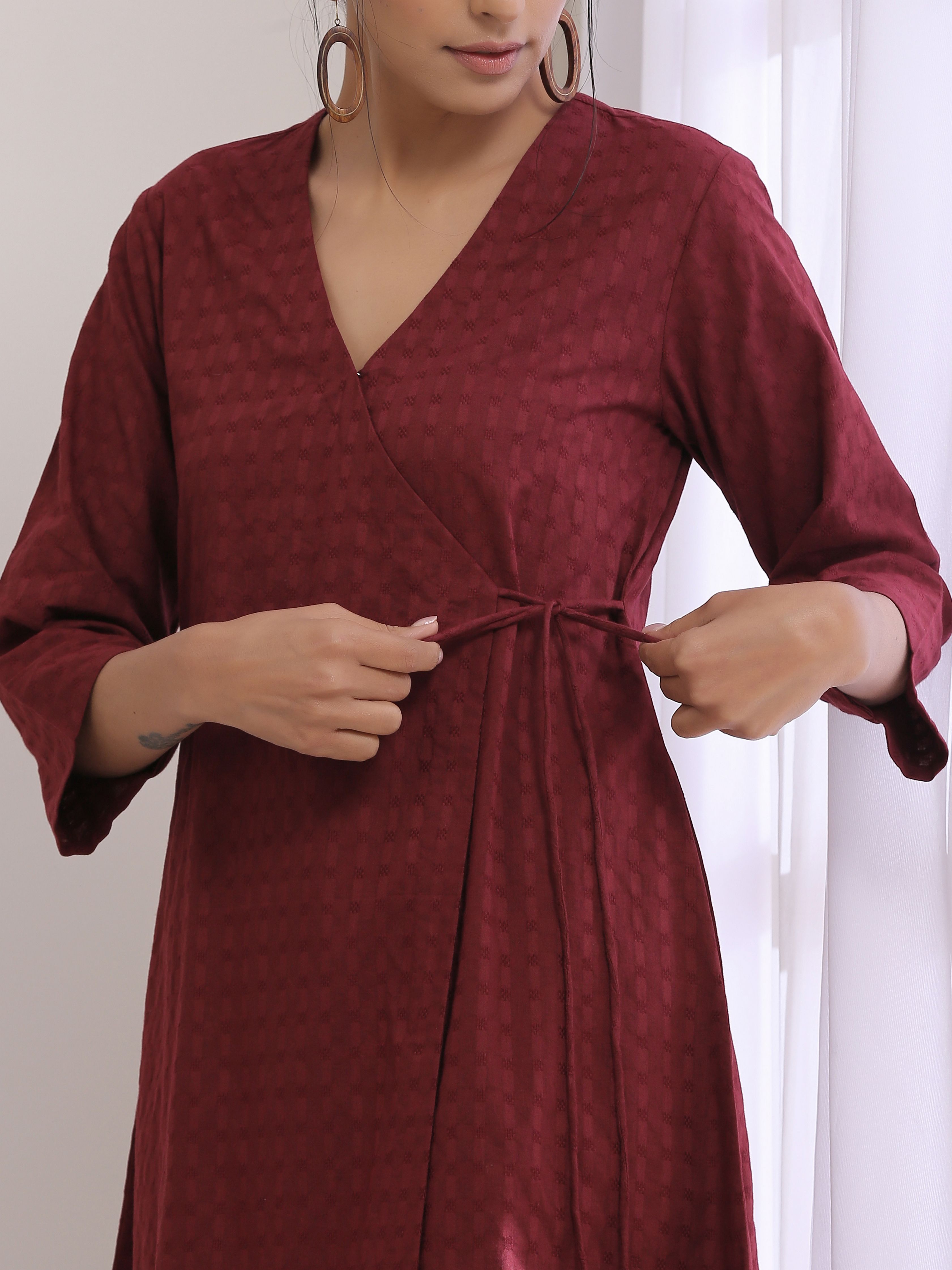 trueBrowns Ruby Wine Dobby Angrakha Pant Set