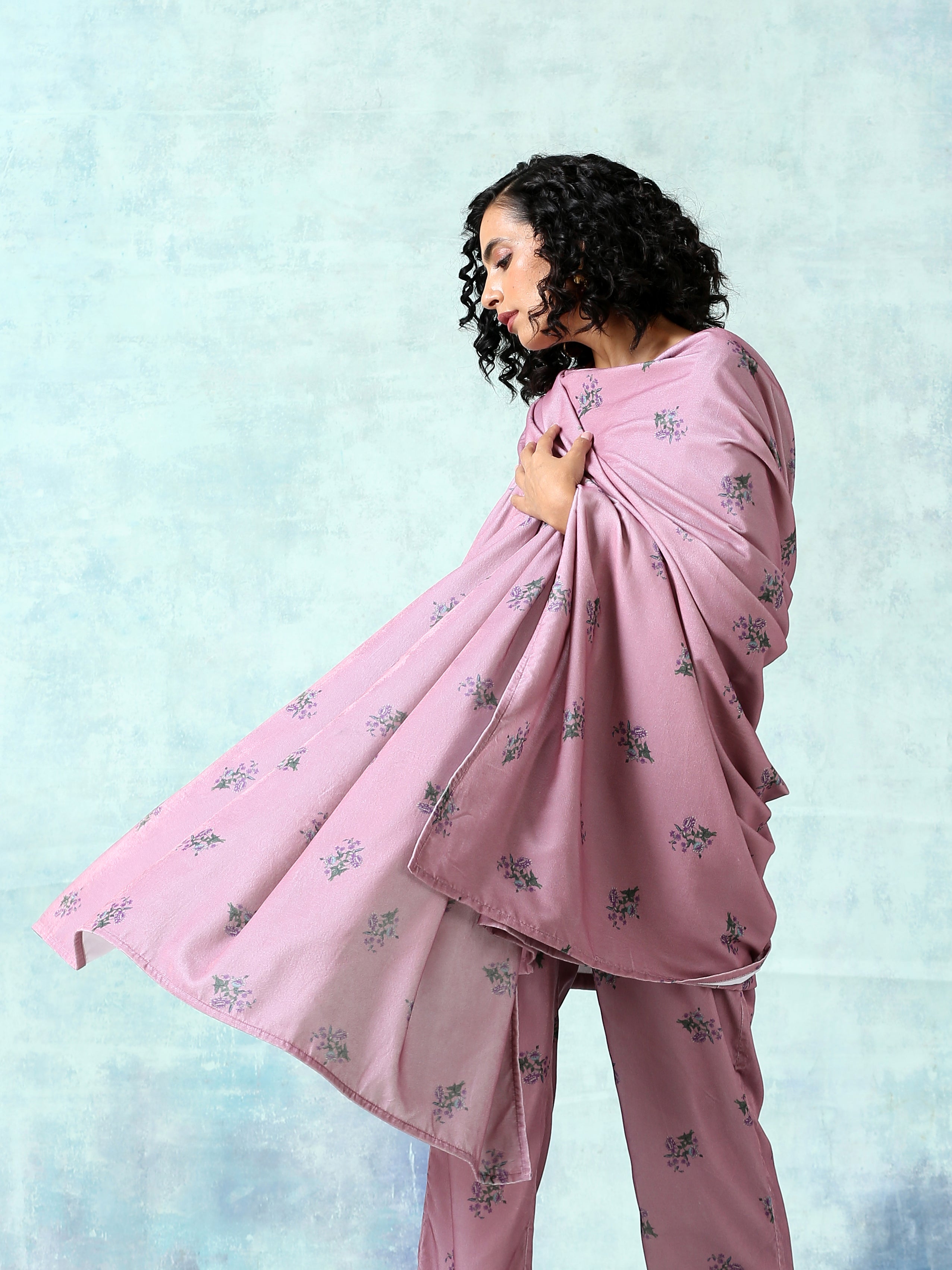 trueBrowns Light Mauve Printed Velvet Shawl