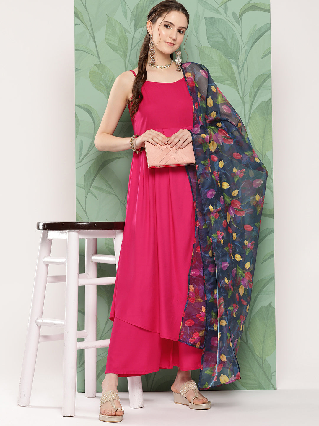 InWeave Women's Fuchsia Strappy Set W Navy Pink Or Dupatta