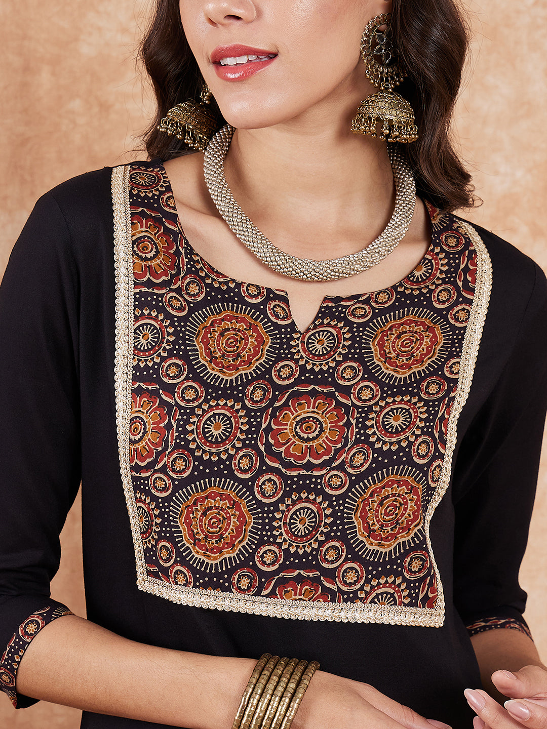 InWeave Women's Black Printed Neck Patch Work Straight Kurta
