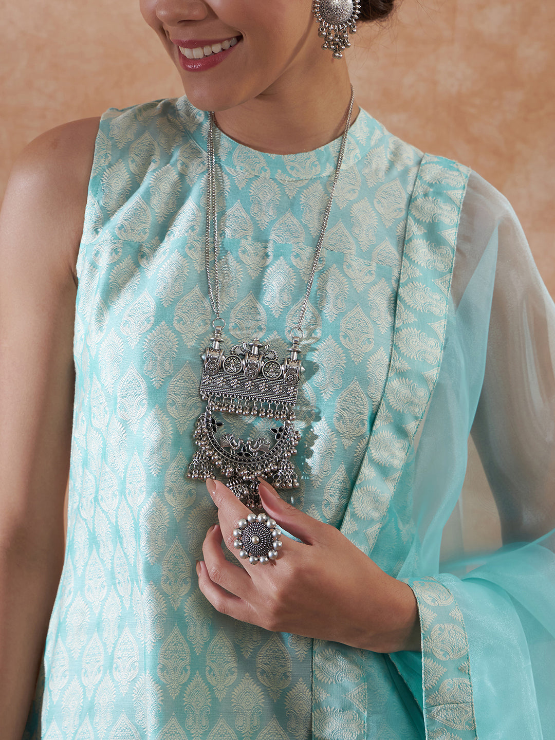 InWeave Women's Powder Blue Jacquard Halter Kurta Set W Powder Blue Or Dupatta
