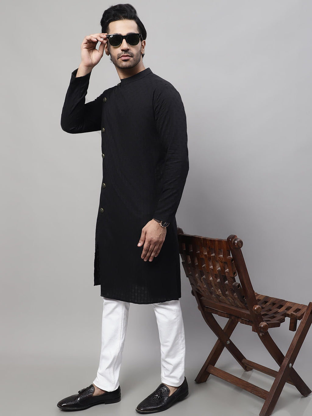 Even Apparels Black Pure Cotton Kurta With Band Collar