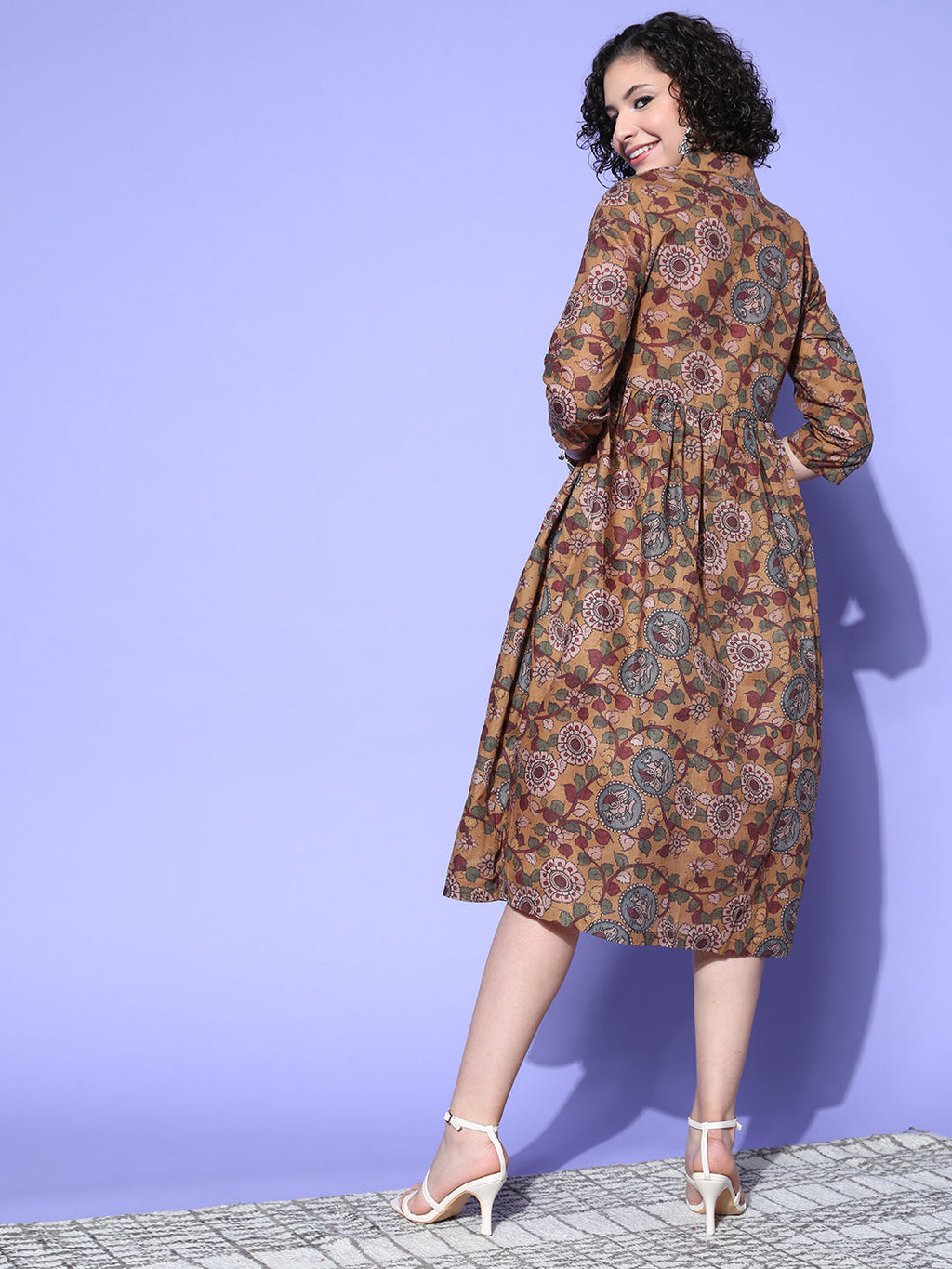 InWeave Women's Ochre Mustard Kalamkari Print Dress