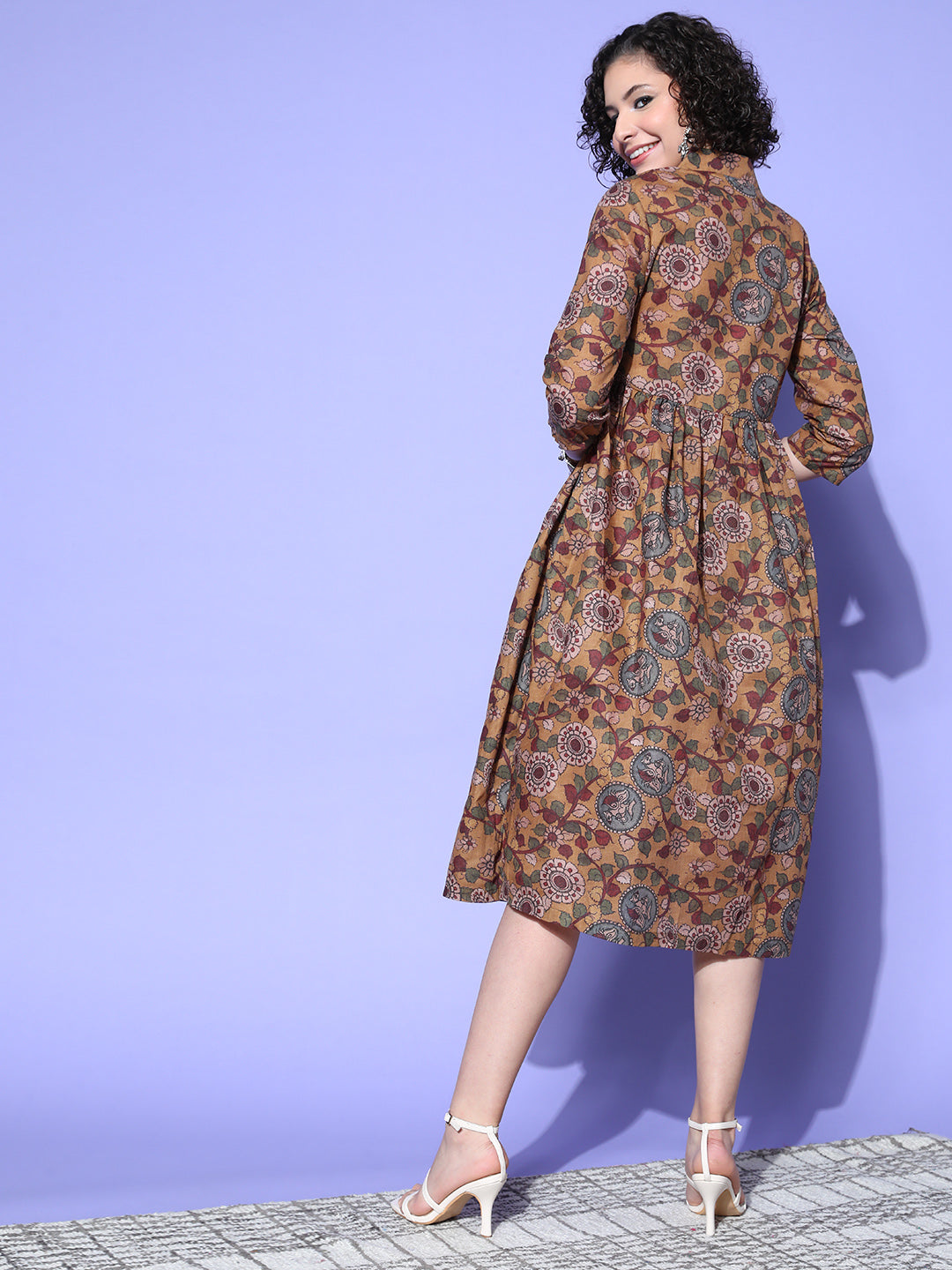 InWeave Women's Ochre Mustard Kalamkari Print Dress