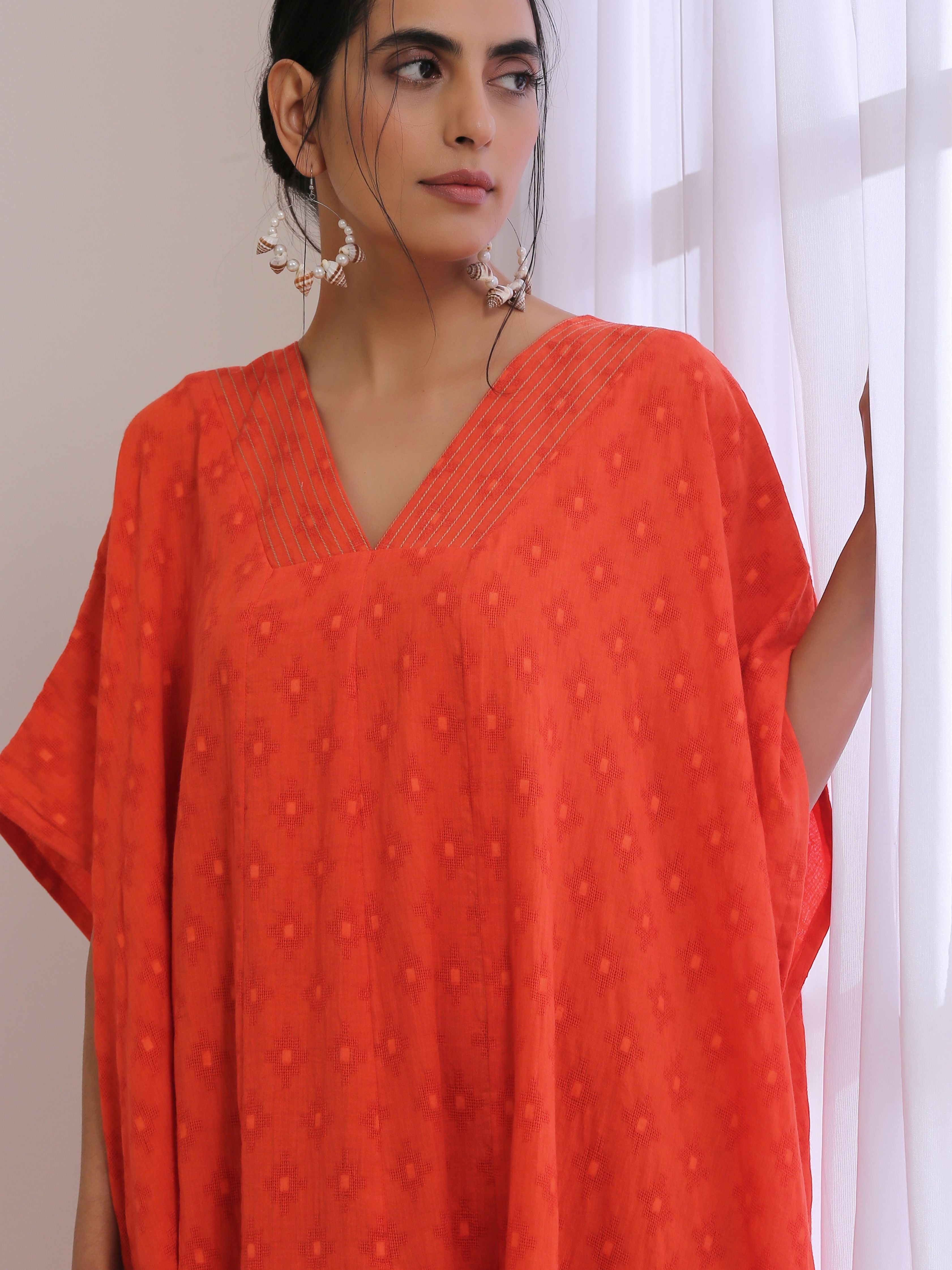 trueBrowns Orange Dobby Panel Kaftan Dress