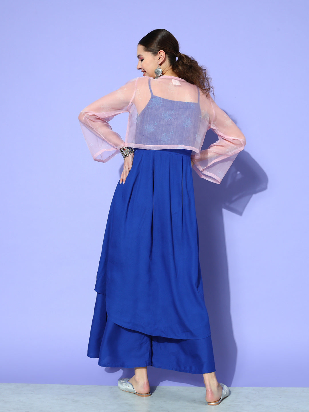 InWeave Women's Ink Blue Strappy Set With Pink Chintz Print Short Organza Cape