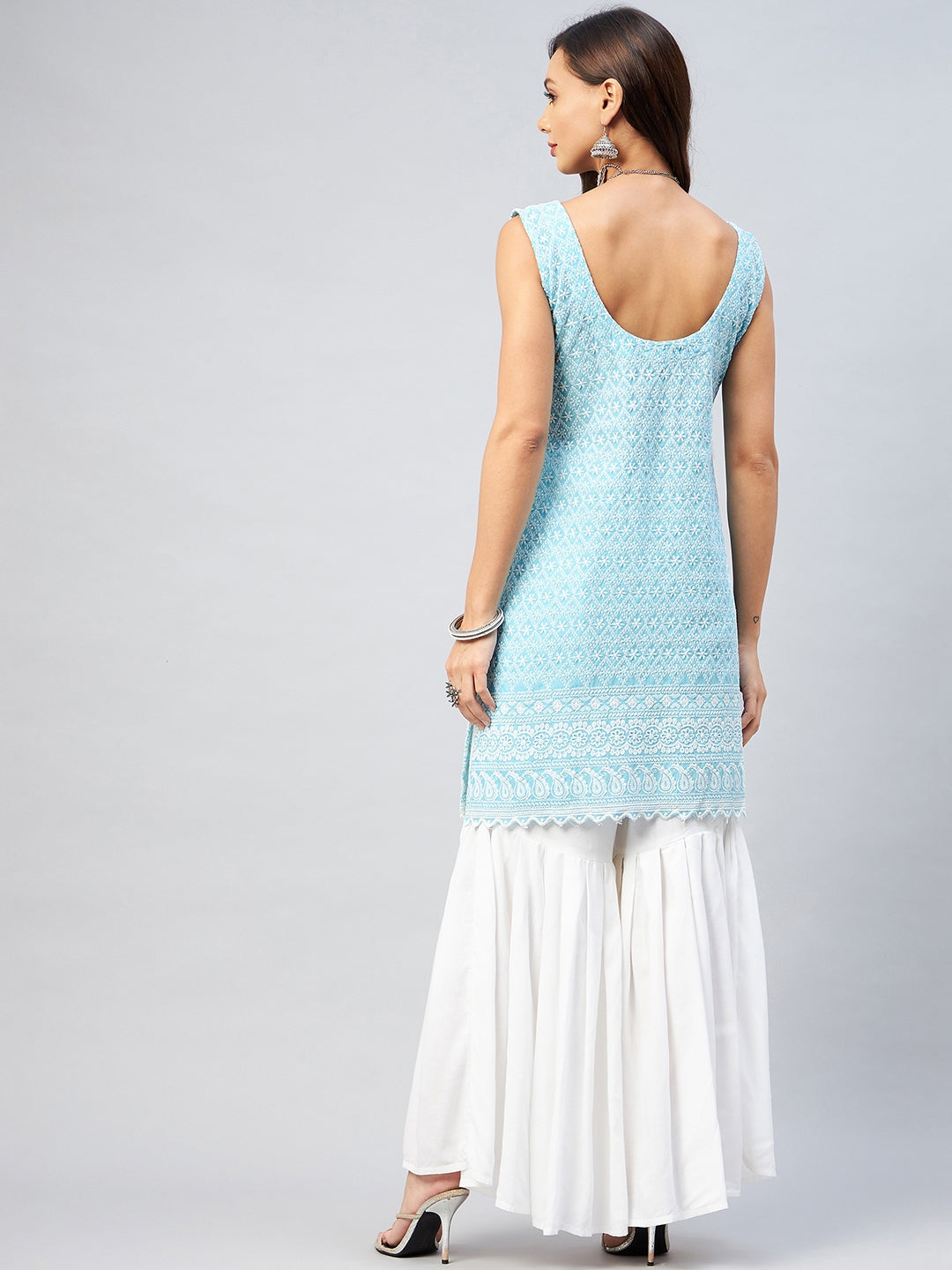 InWeave Women's Sky Blue Sweetheart Neckline Kurta