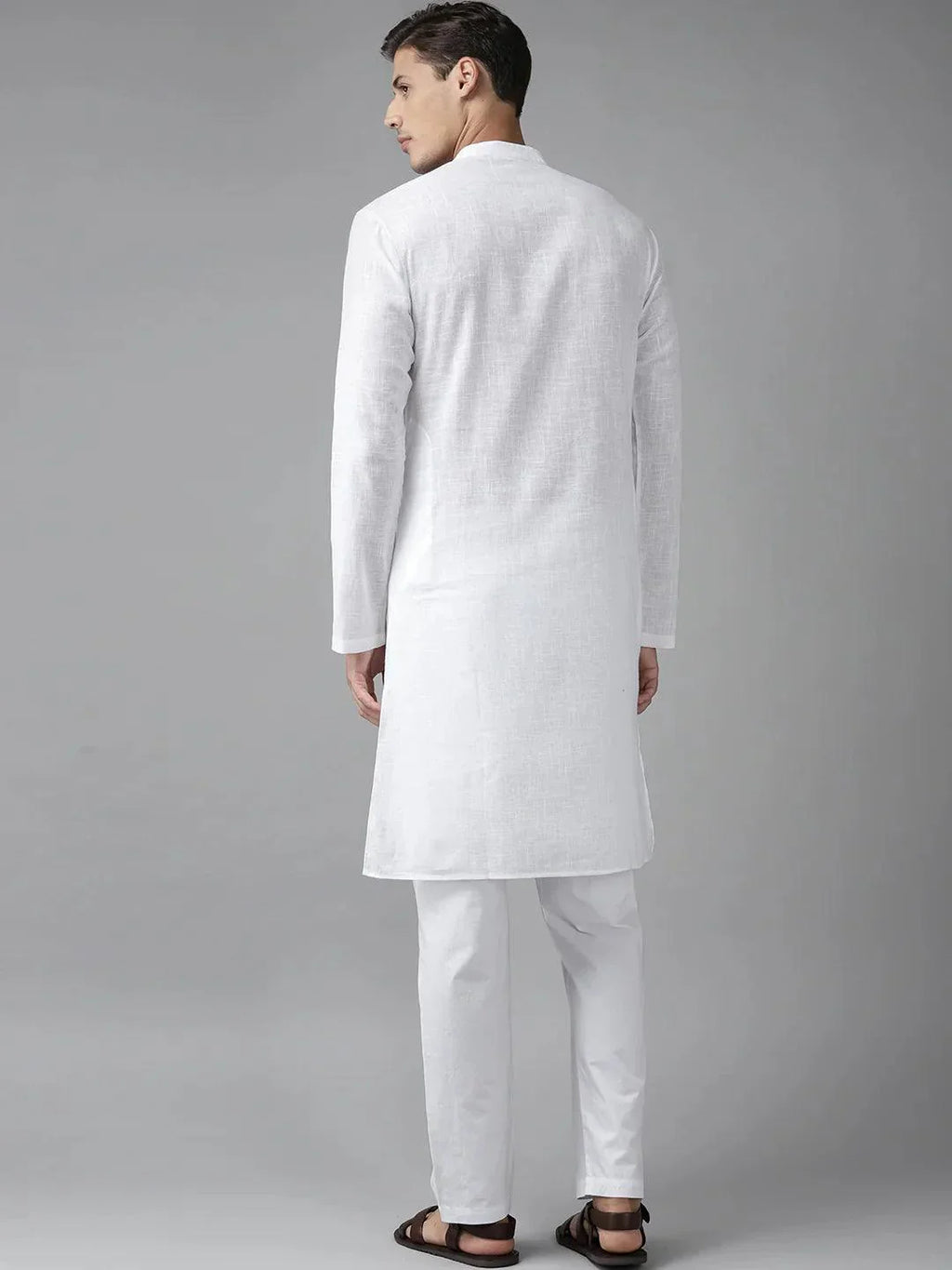 Fabmade Men White Cotton Linen Kurta Pyjama
