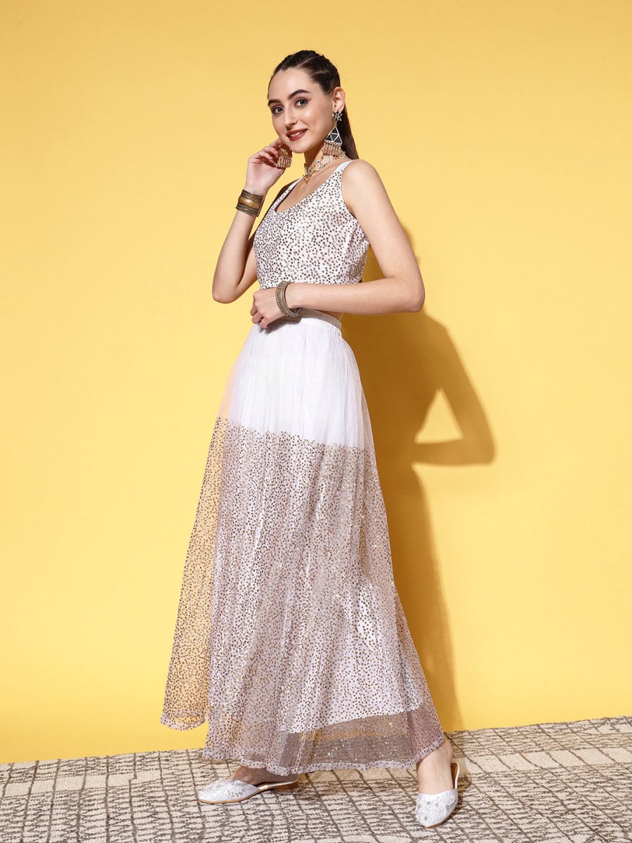 Ahalyaa White & Gold-Toned Printed Ready to Wear Lehenga & Blouse With Dupatta