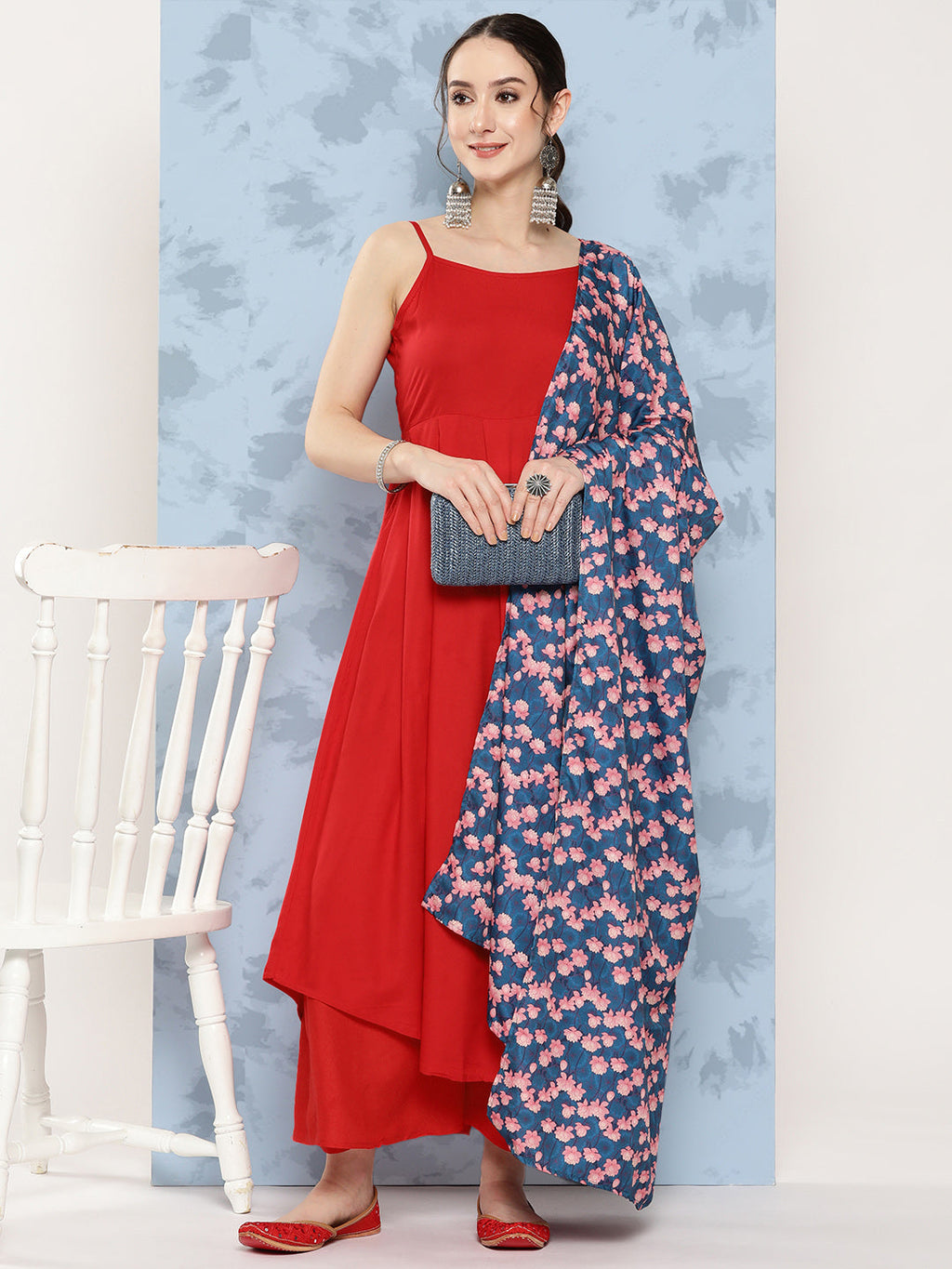 InWeave Women's Red Strappy Set W Navy Pink Lotus Cr Duptta