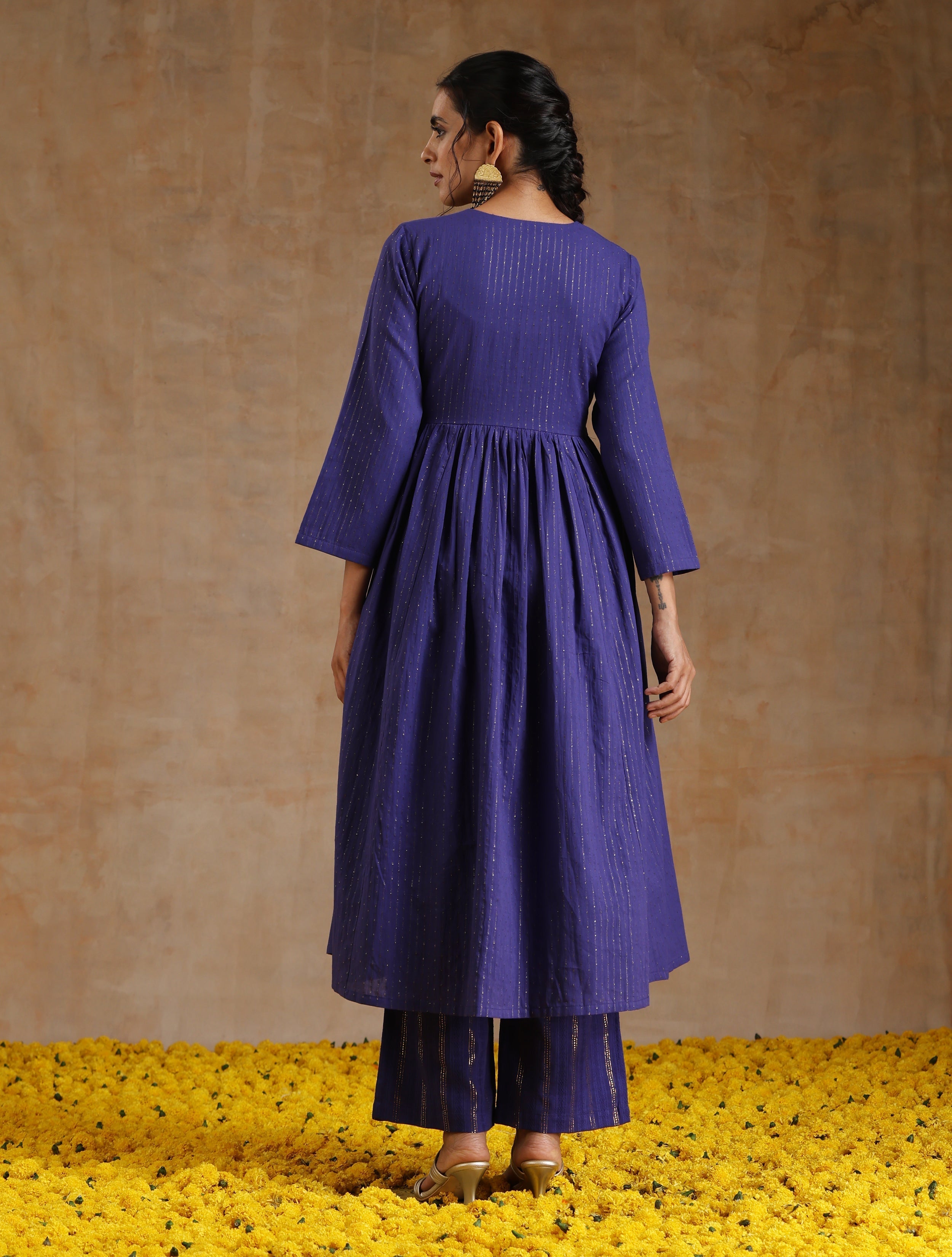 trueBrowns Spectrum Blue Gold Cotton Kalidar Kurta Set