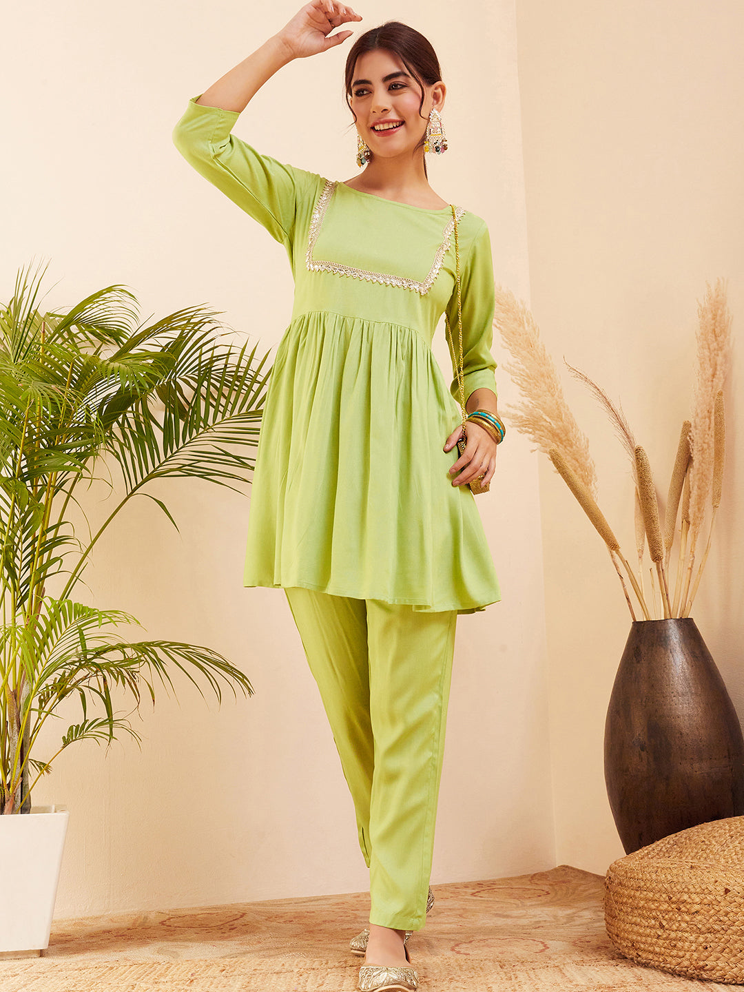 InWeave Women's Pear Green Round Neck Square Gota Work Kurta Pant Set