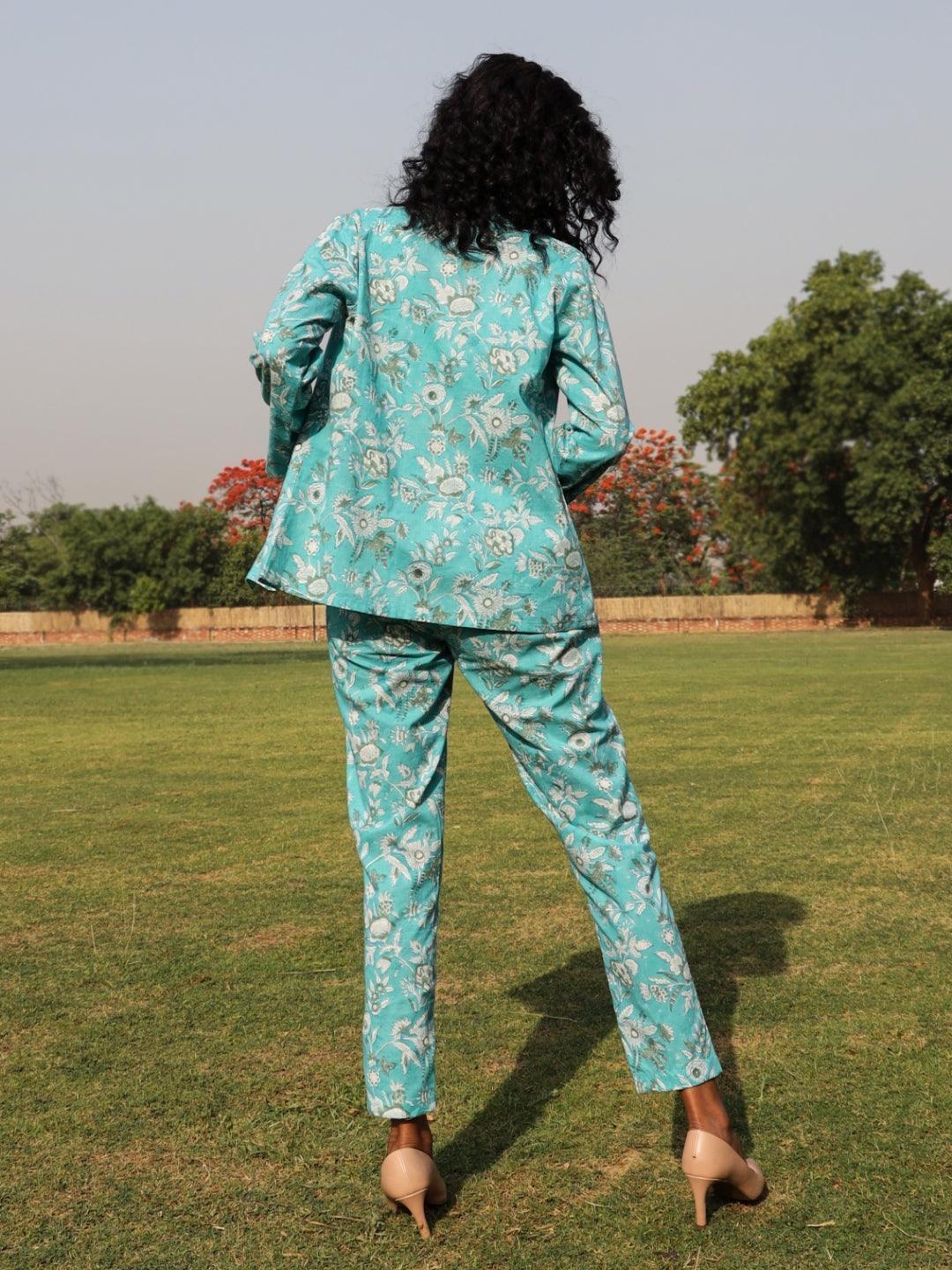 trueBrowns Turquoise Cotton Block Print Pant Suit Set