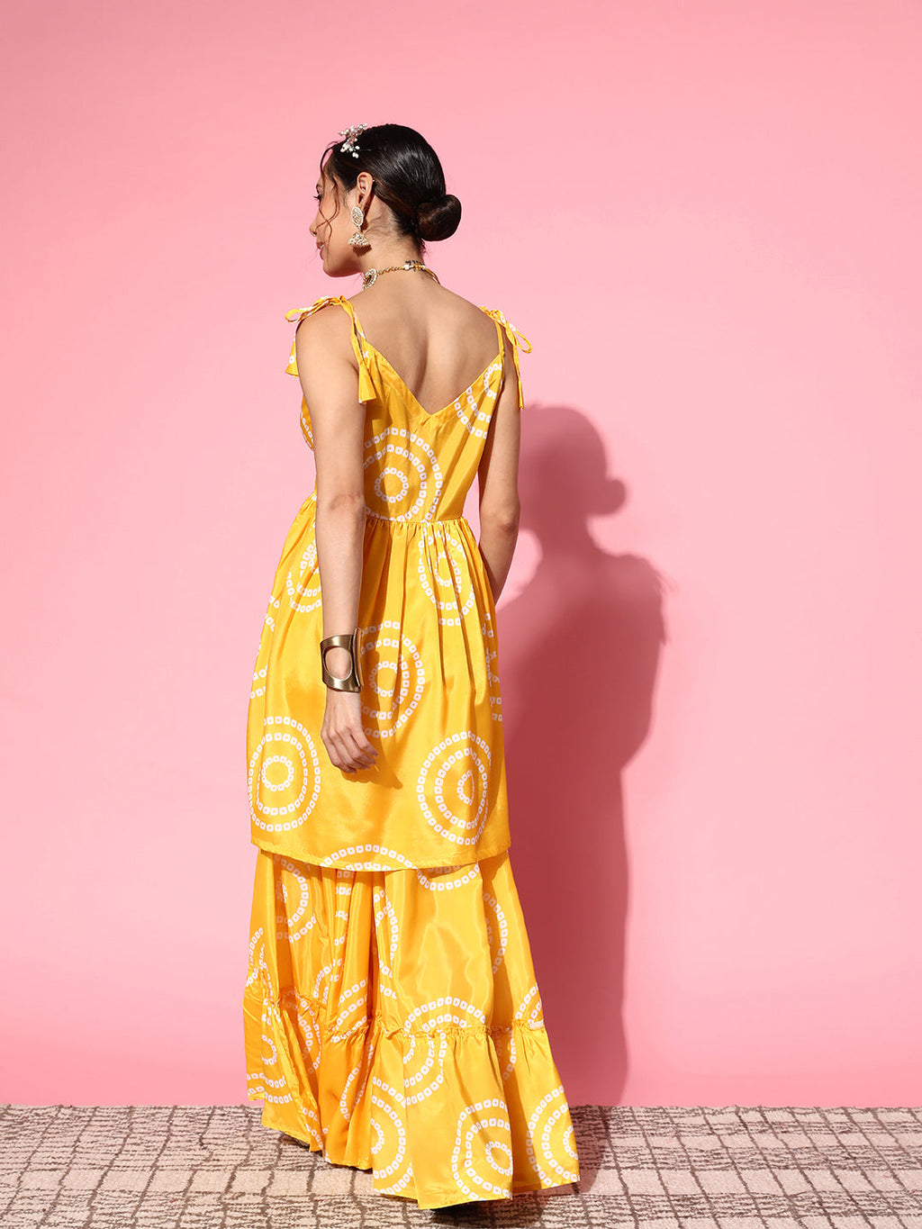 InWeave Women's Yellow Bandhani Motif Shoulder Tie Up Kurta Set