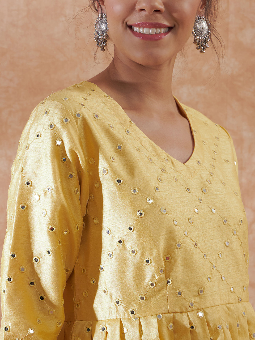 InWeave Women's Light Yellow Mirror Work Long Anarkali Kurta