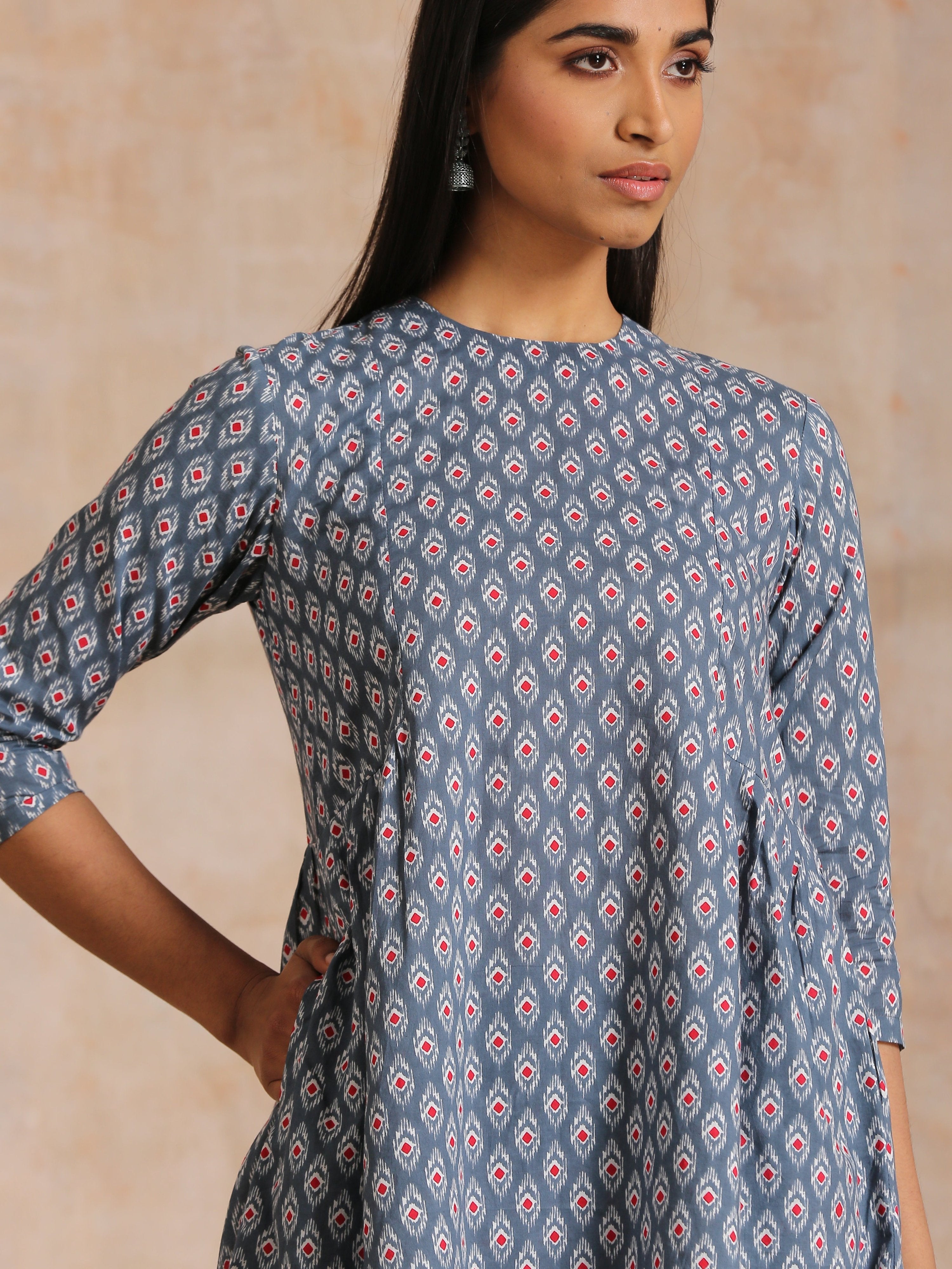 trueBrowns Steel Grey Ikat Print Cotton Gathers Co-Ord Set