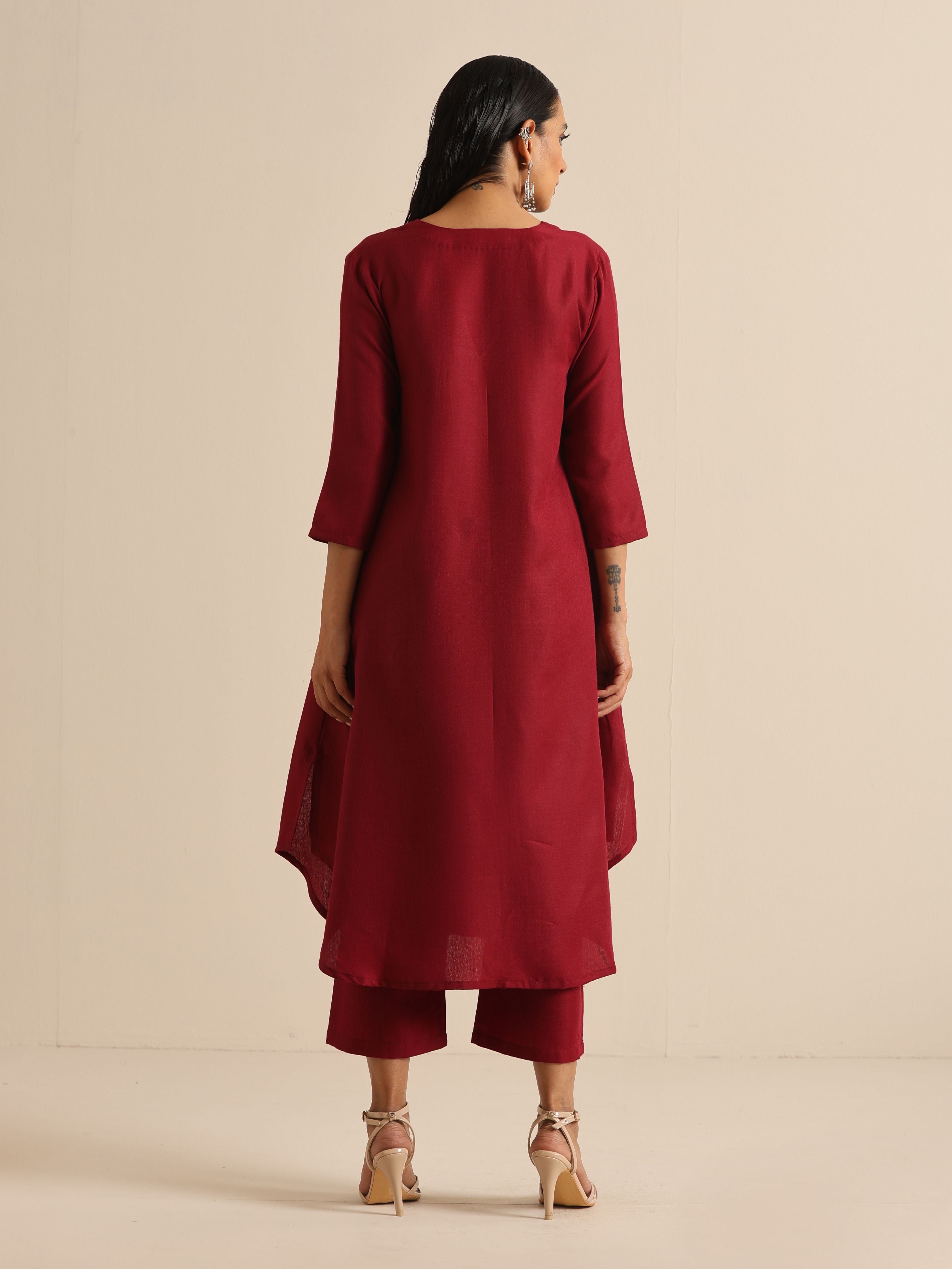 trueBrowns Maroon Slub Gathered Kurta Pant Set