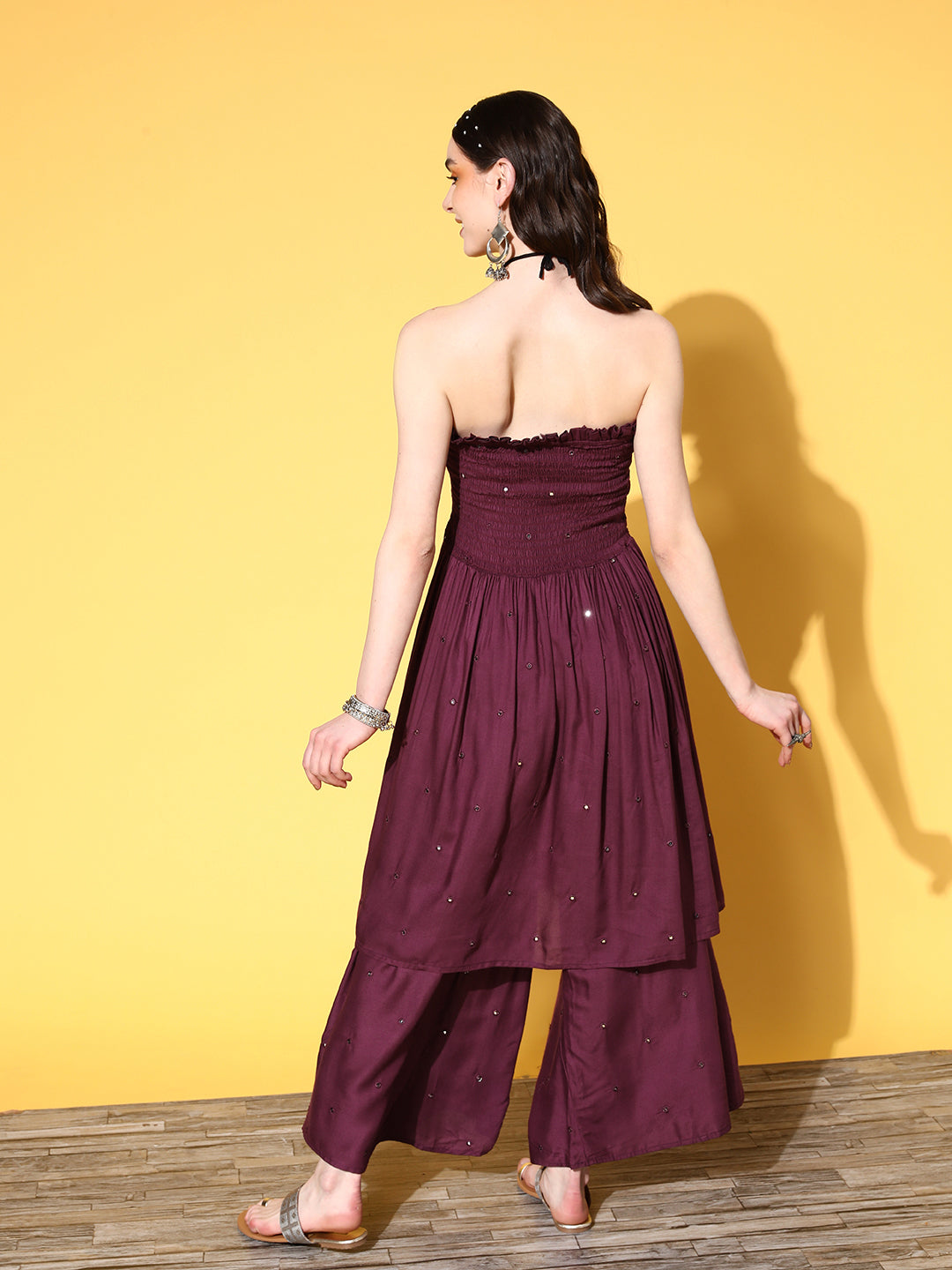 InWeave Women's Wine Mirror Work Off Shoulder Kurta Set