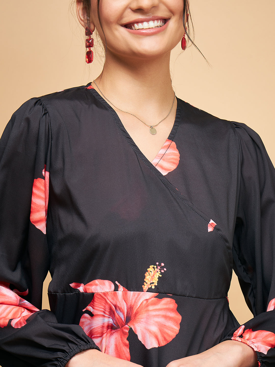 InWeave Women's Black Red Big Flower Belted Dress