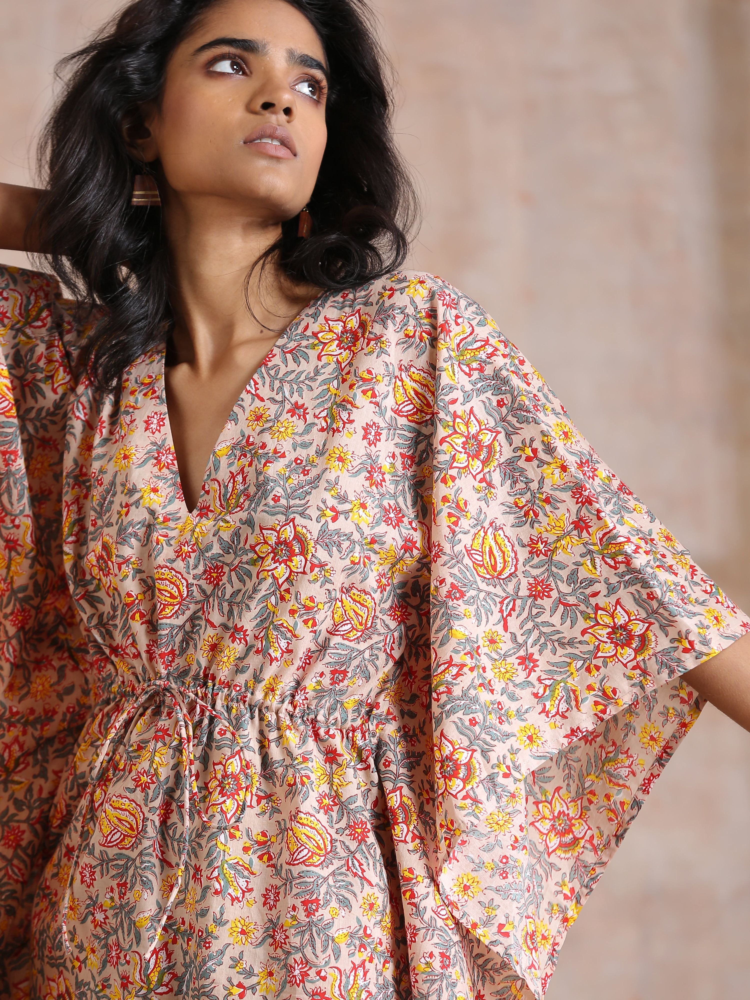 trueBrowns Multicolor Beige Overall Floral Block Print Cotton Kaftan Co-Ord Set