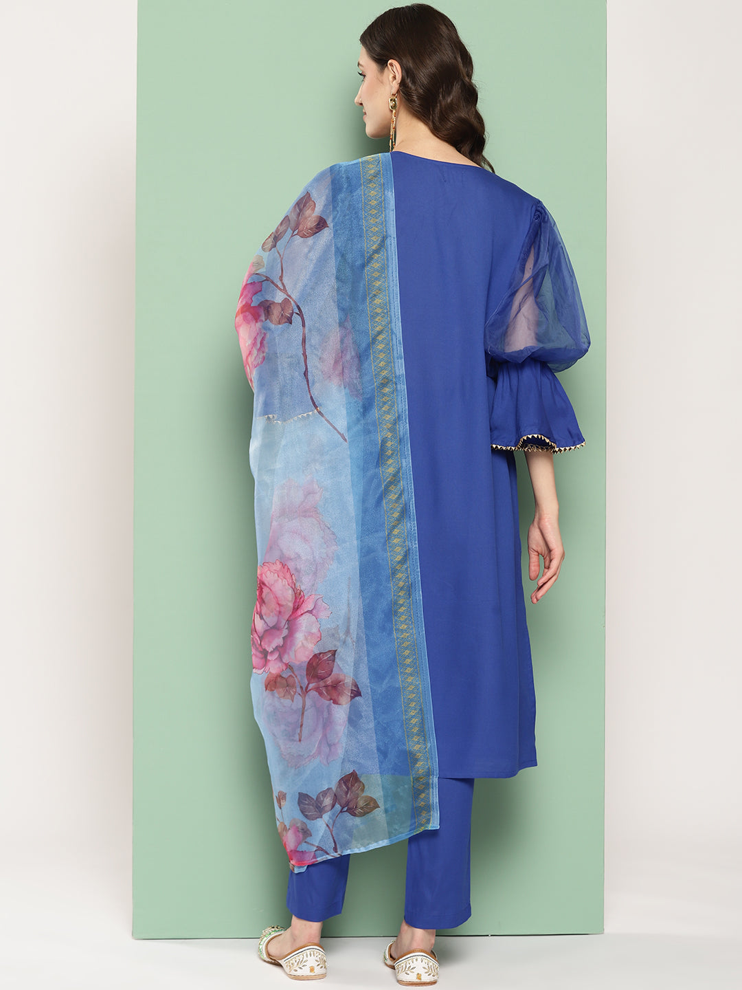 InWeave Women's Ink Blue Organza Sleeve Kurta Set W Blue Fuchsia Or Dupatta