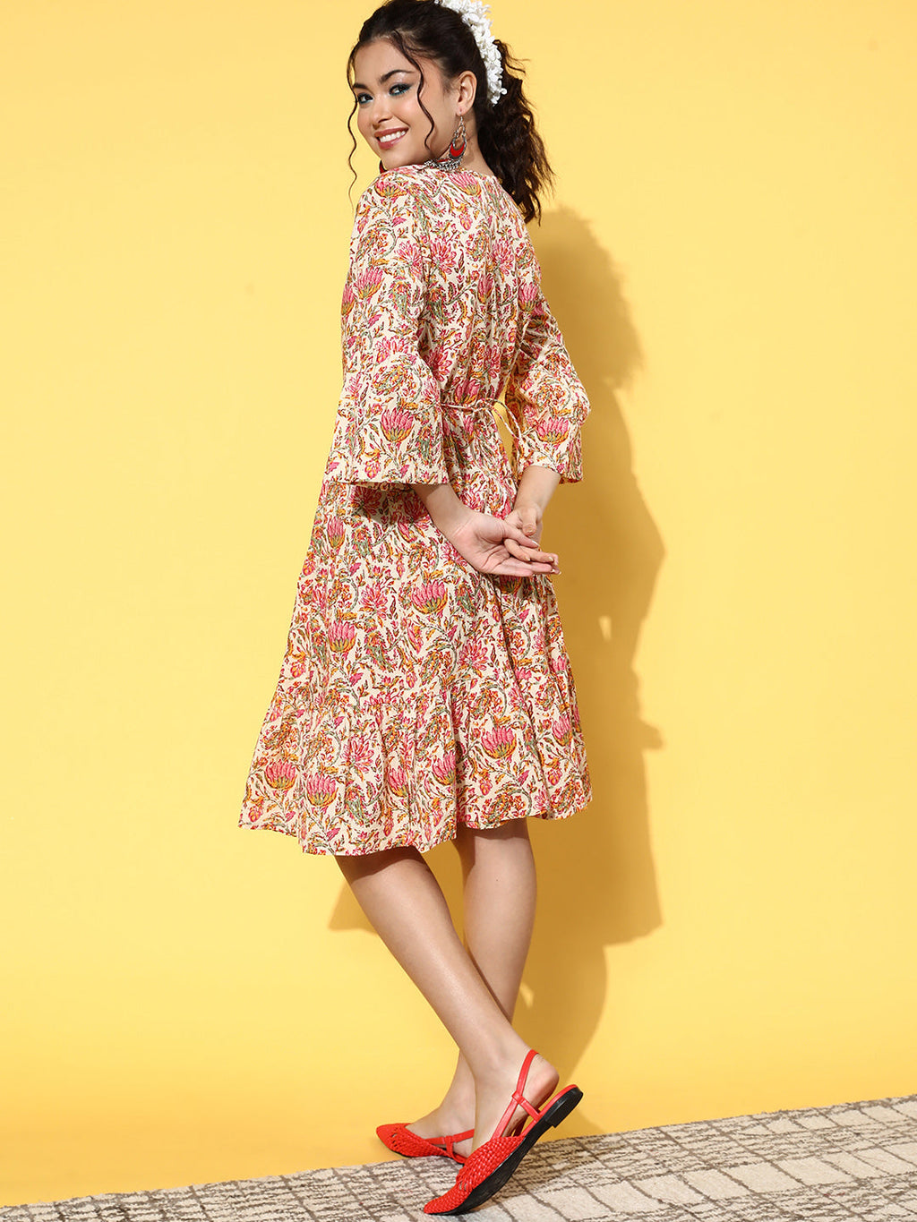 InWeave Women's Pink Boota Print Belted Dress