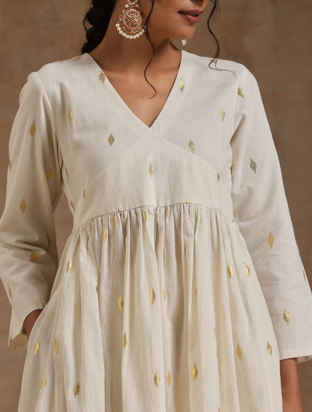 trueBrowns Ivory Gold Cotton Kalidar Kurta Set
