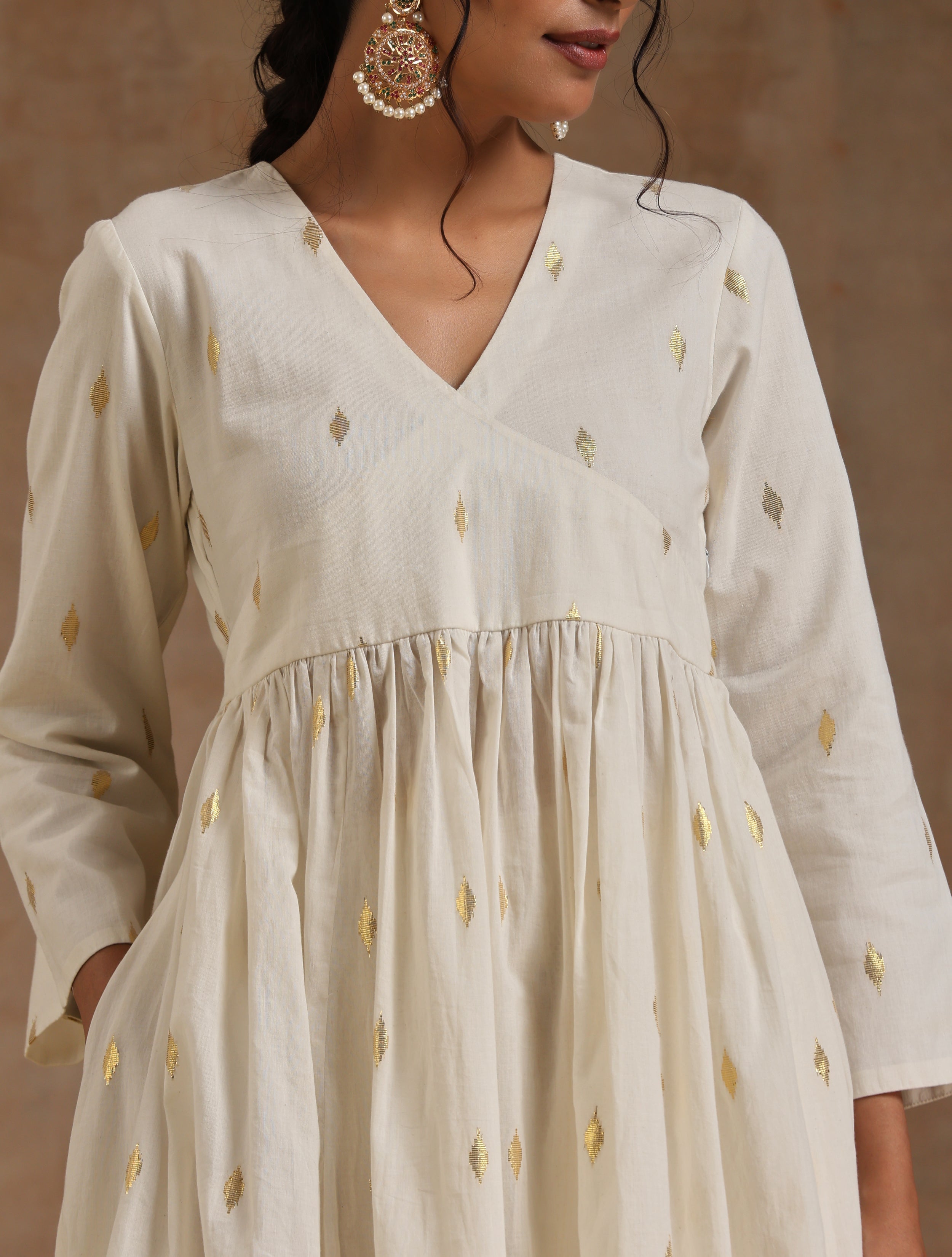 trueBrowns Ivory Gold Cotton Kalidar Kurta Set
