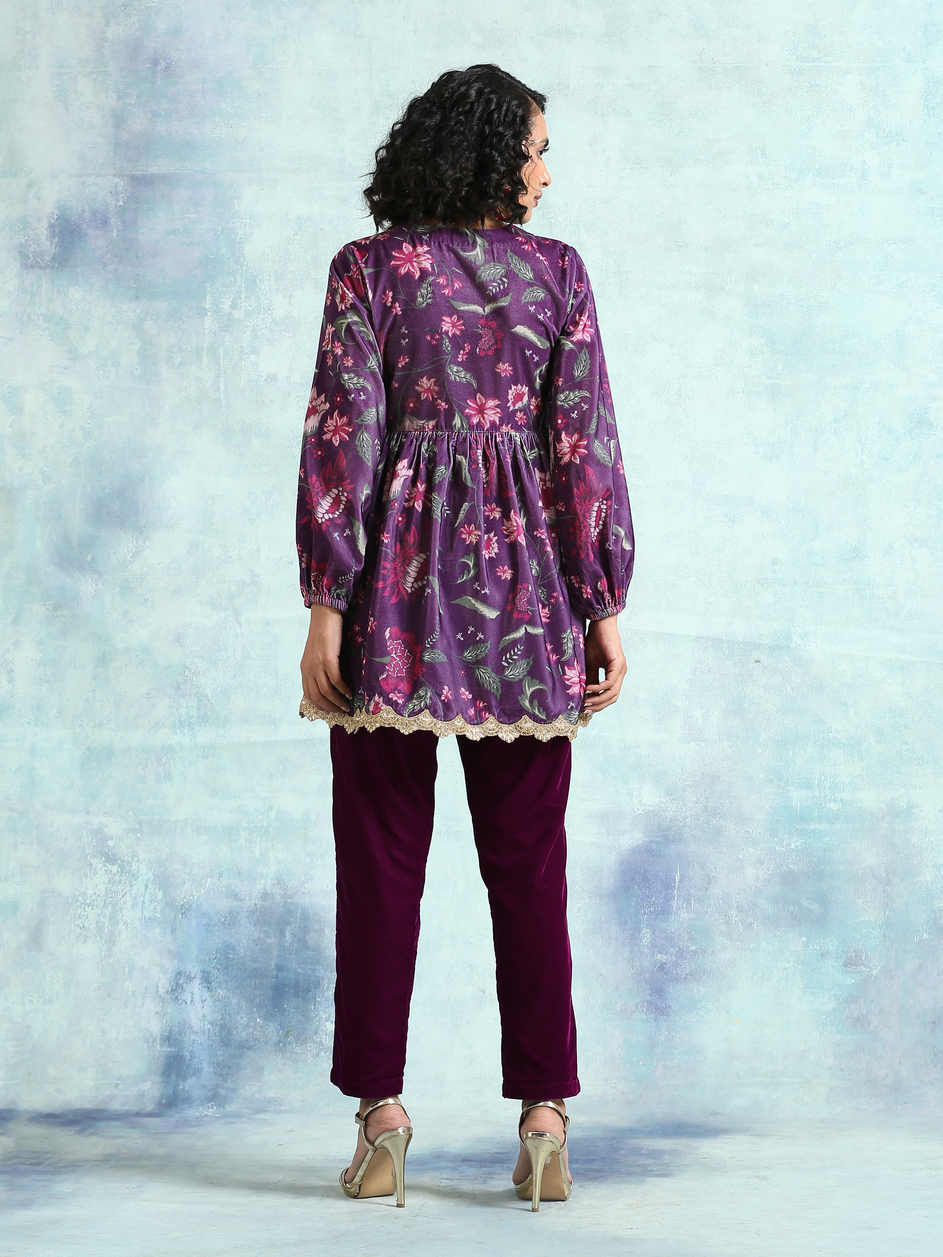 trueBrowns Wine Printed Velvet Lace Co-Ord Set