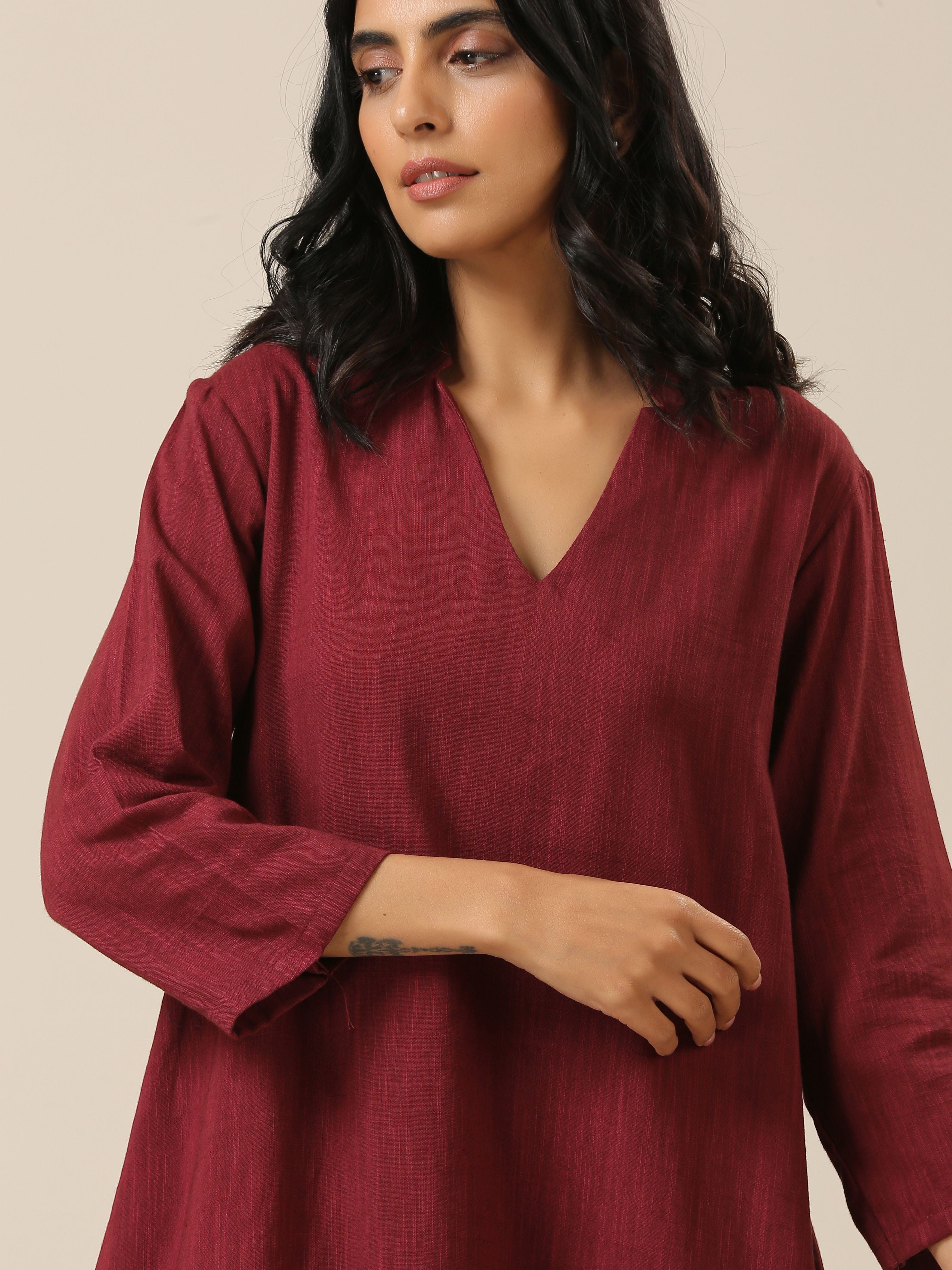 trueBrowns Ruby Wine Slub Textured Collar Co-Ord Set