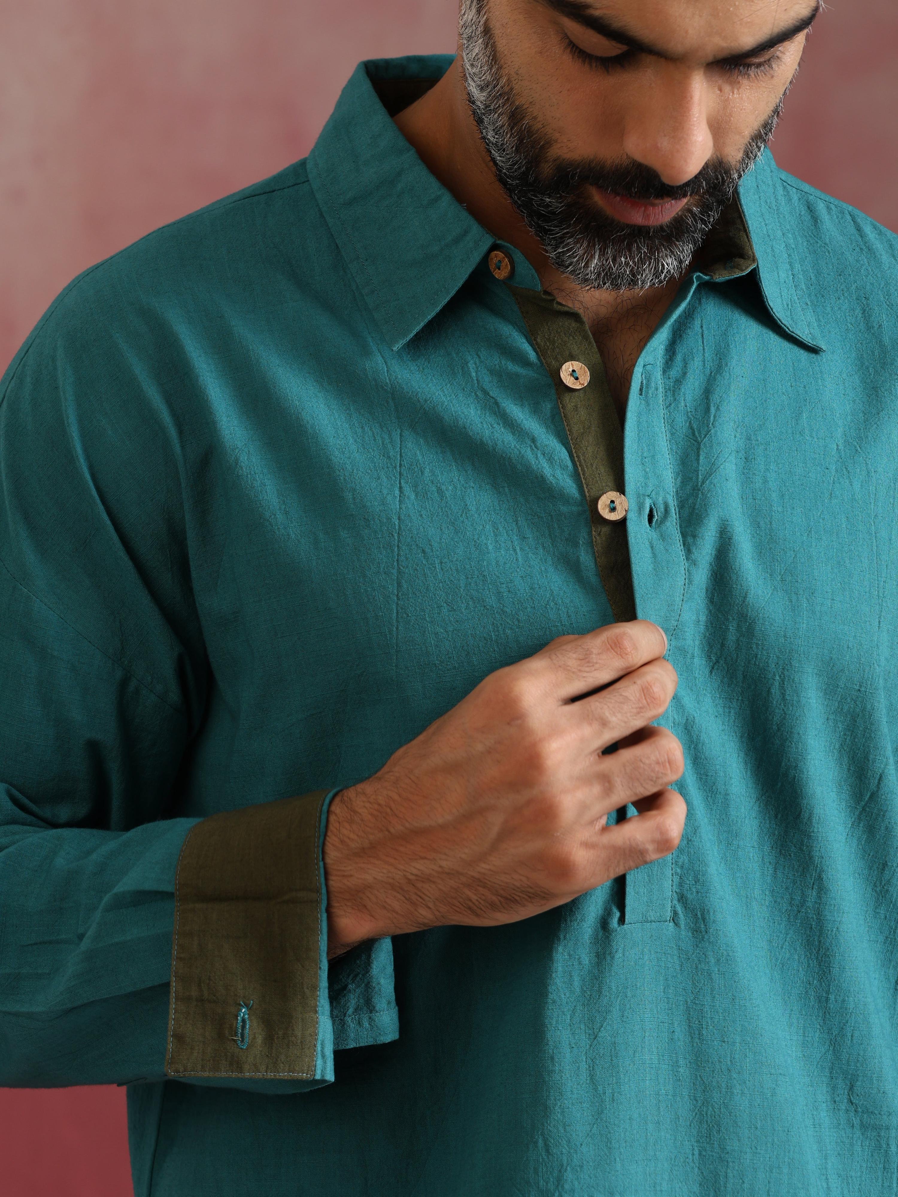trueBrowns Men's Teal Cotton Shirt Collar Stylized Kurta Co-ord set