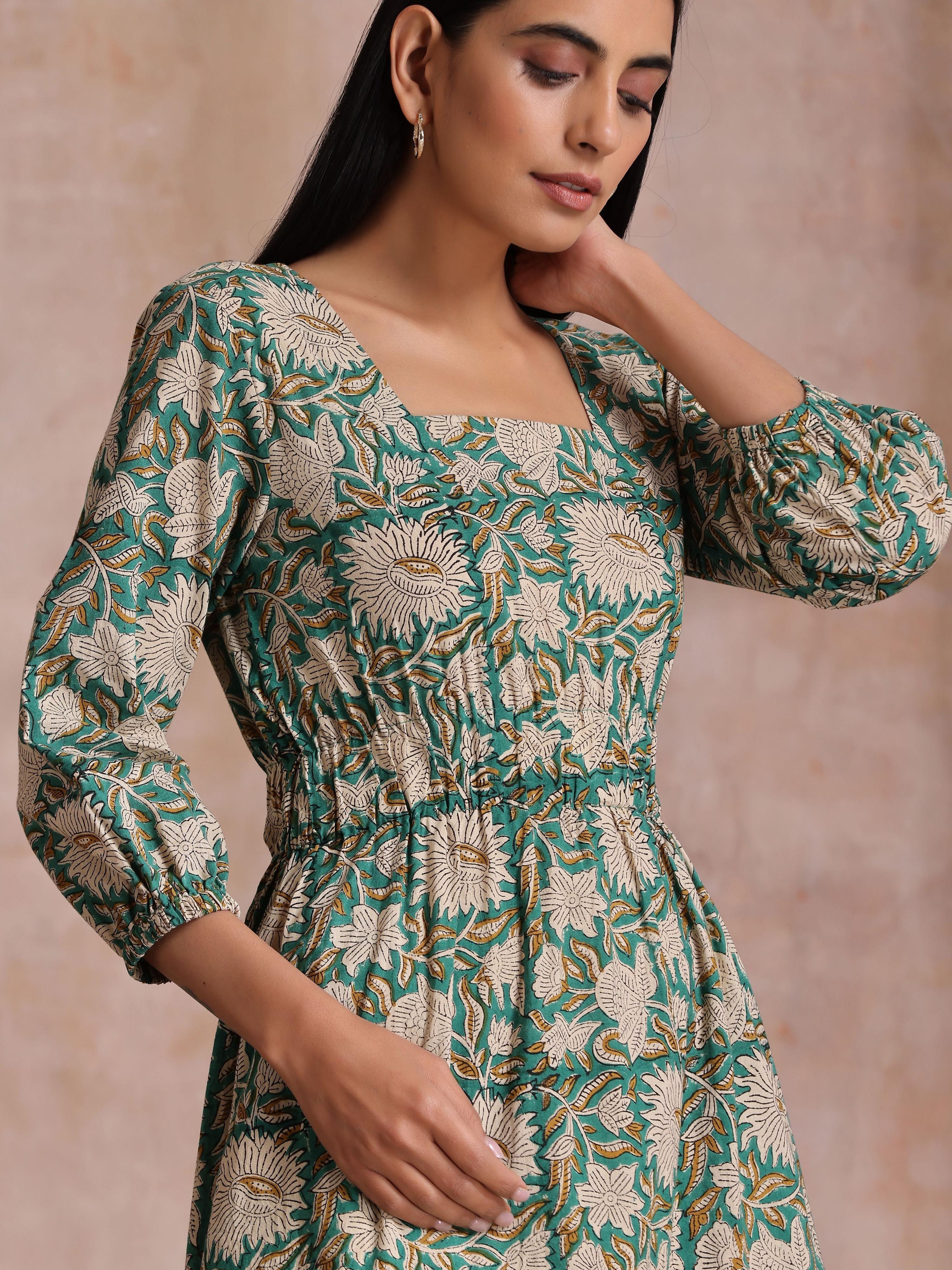 trueBrowns Fern Green Overall Floral Block Print Cotton Square Neck Dress
