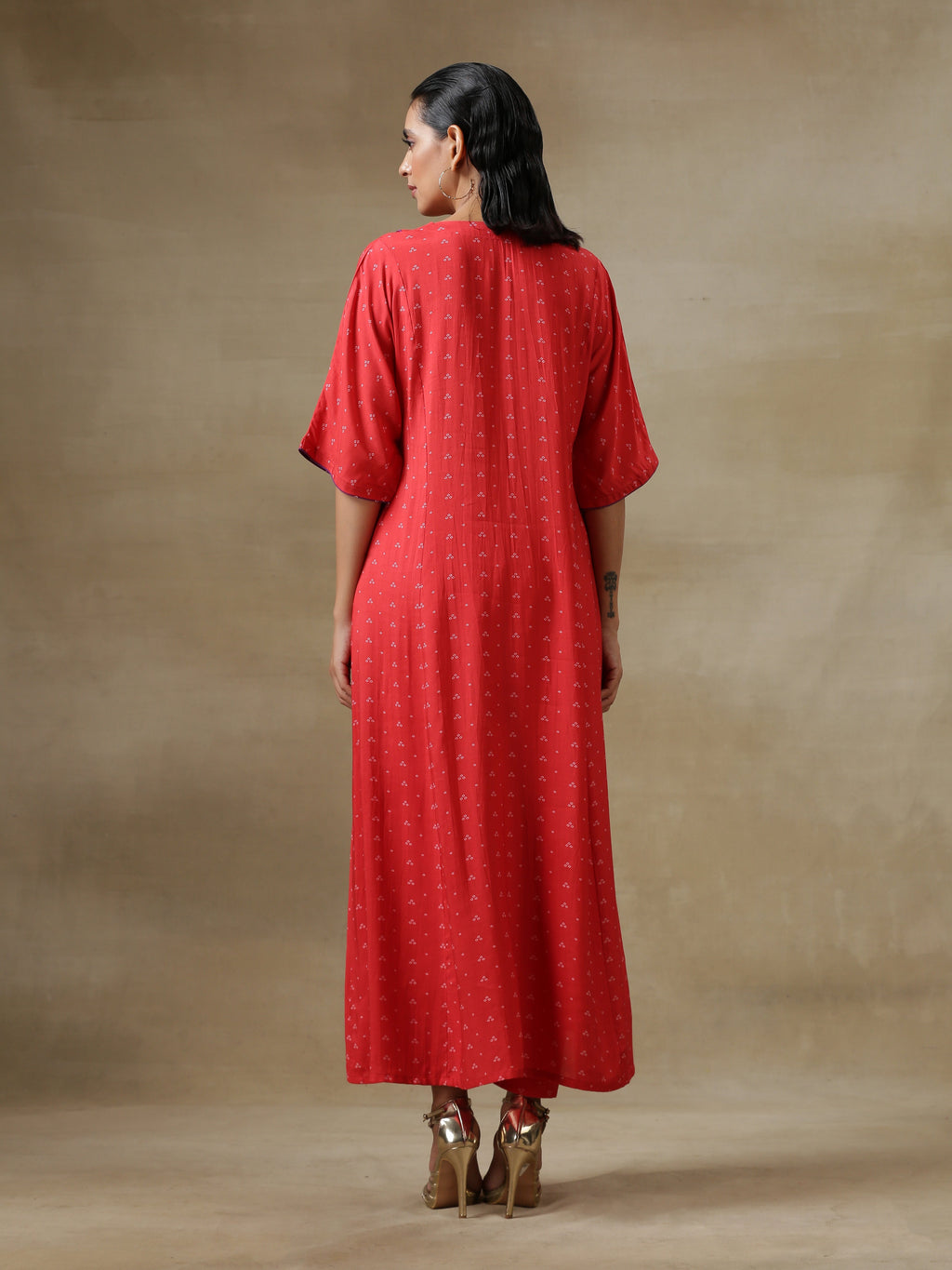 trueBrowns Red Bandhani Printed Silk Long Kurta Pant Set