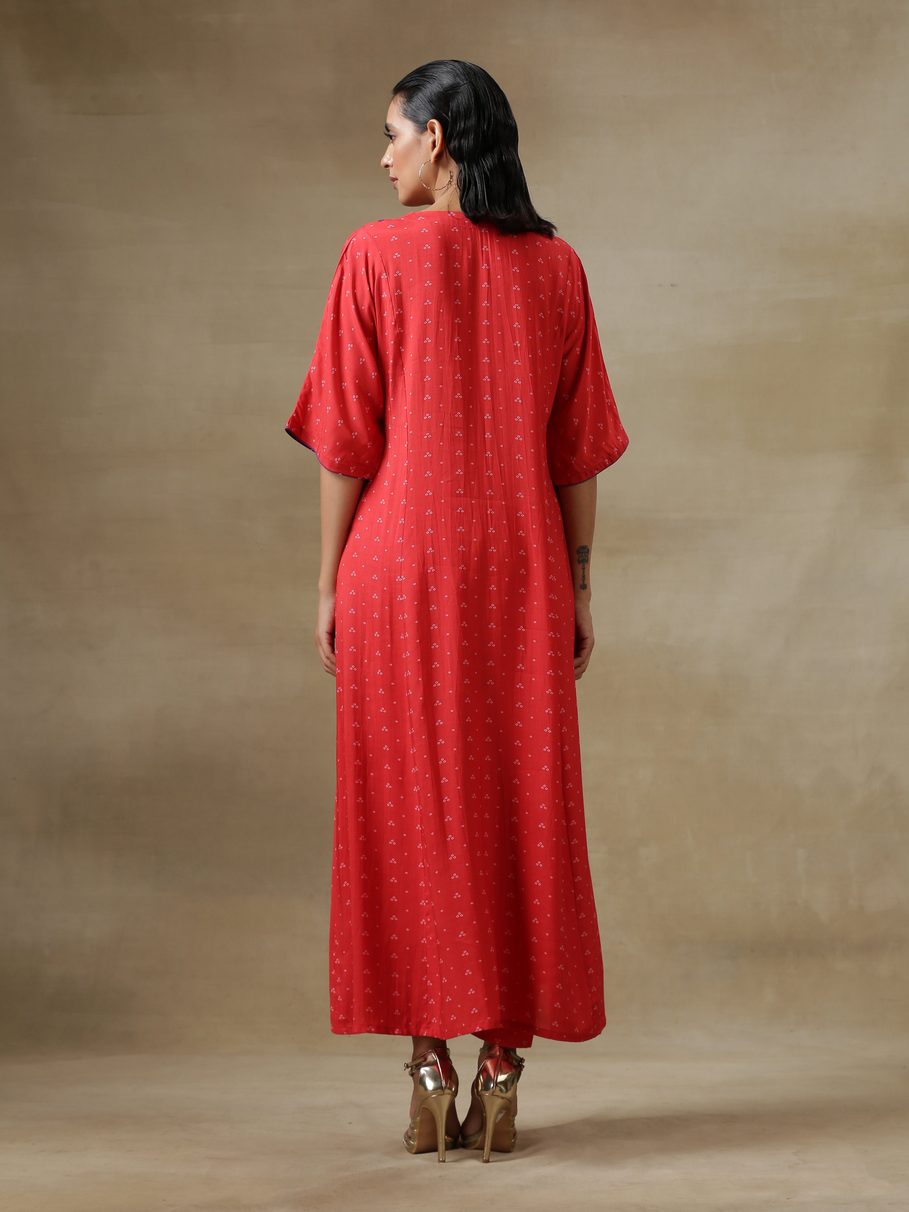 trueBrowns Red Bandhani Printed Silk Long Kurta Pant Set