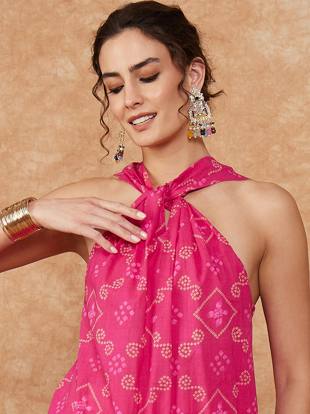 InWeave Women's Fuchsia S Print Twisted Neckline Kurta Pant Set