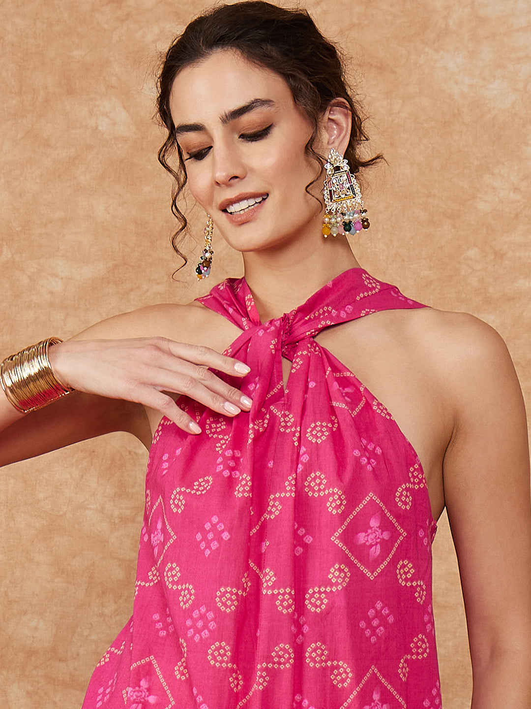 InWeave Women's Fuchsia S Print Twisted Neckline Kurta Pant Set