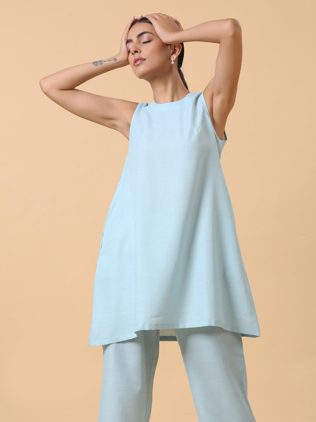 trueBrowns Cotton Linen Light Blue Sleeveless Co-Ord Set