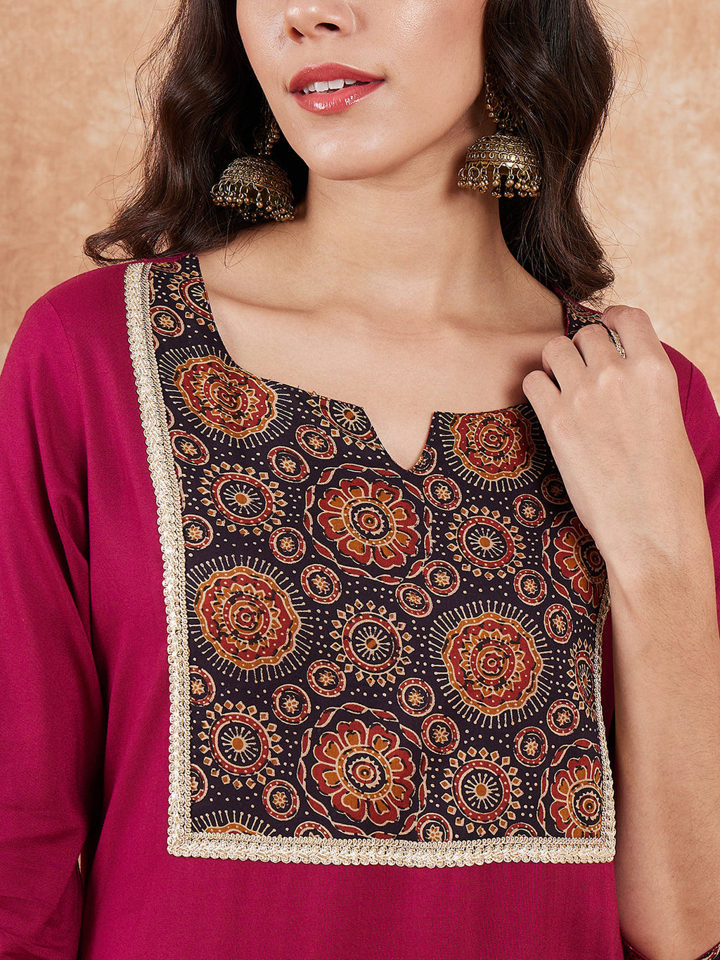 InWeave Women's Wine Printed Neck Patch Work Straight Kurta